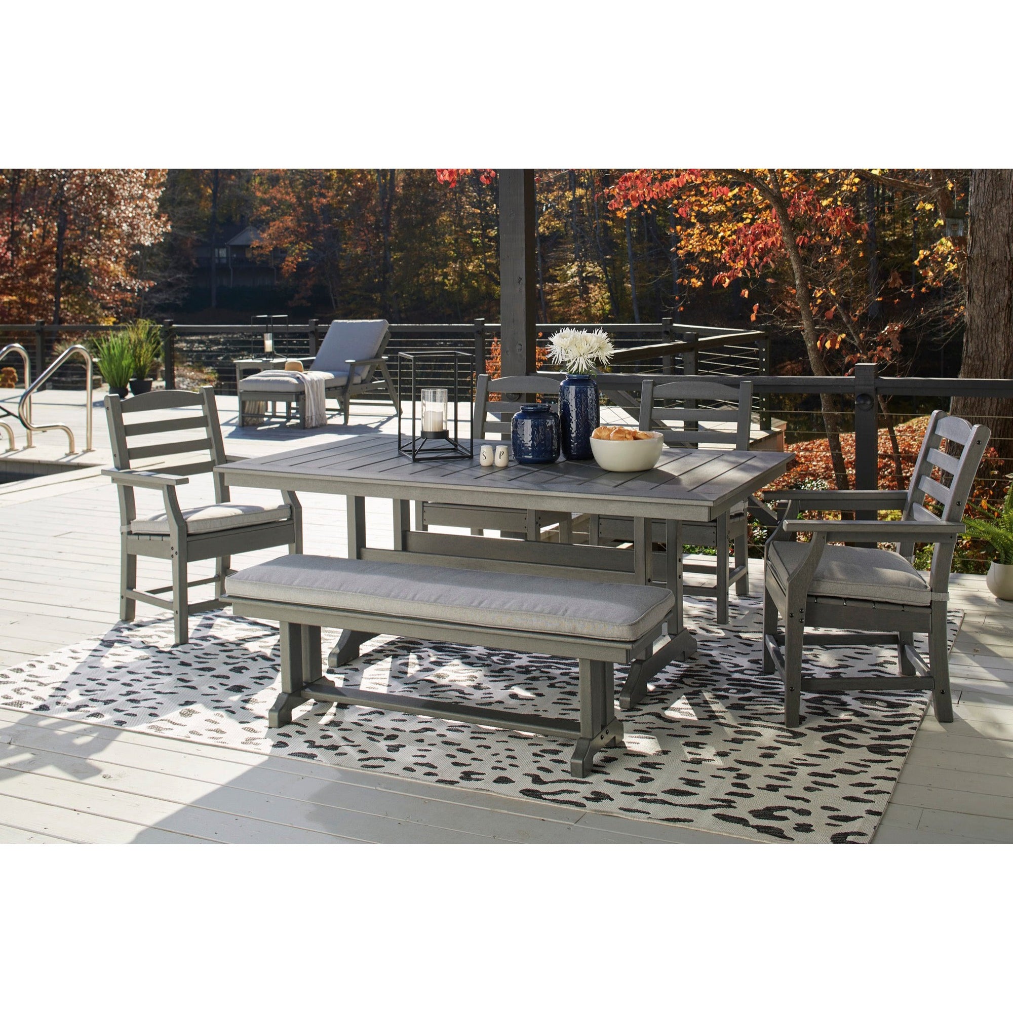 Poly Grey 6pc Outdoor Dining Set with Bench with FREE Cushions