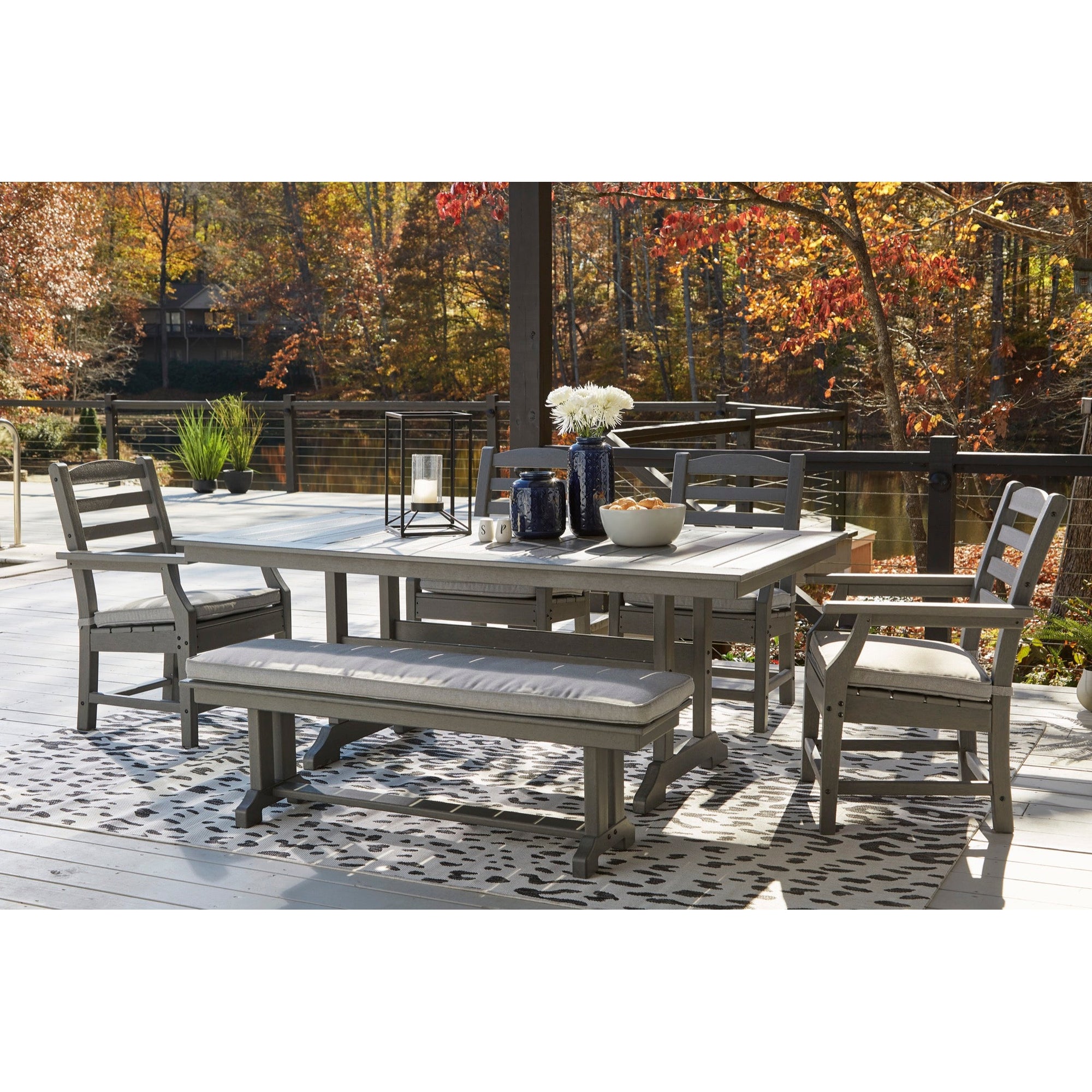 Poly Grey 6pc Outdoor Dining Set with Bench with FREE Cushions