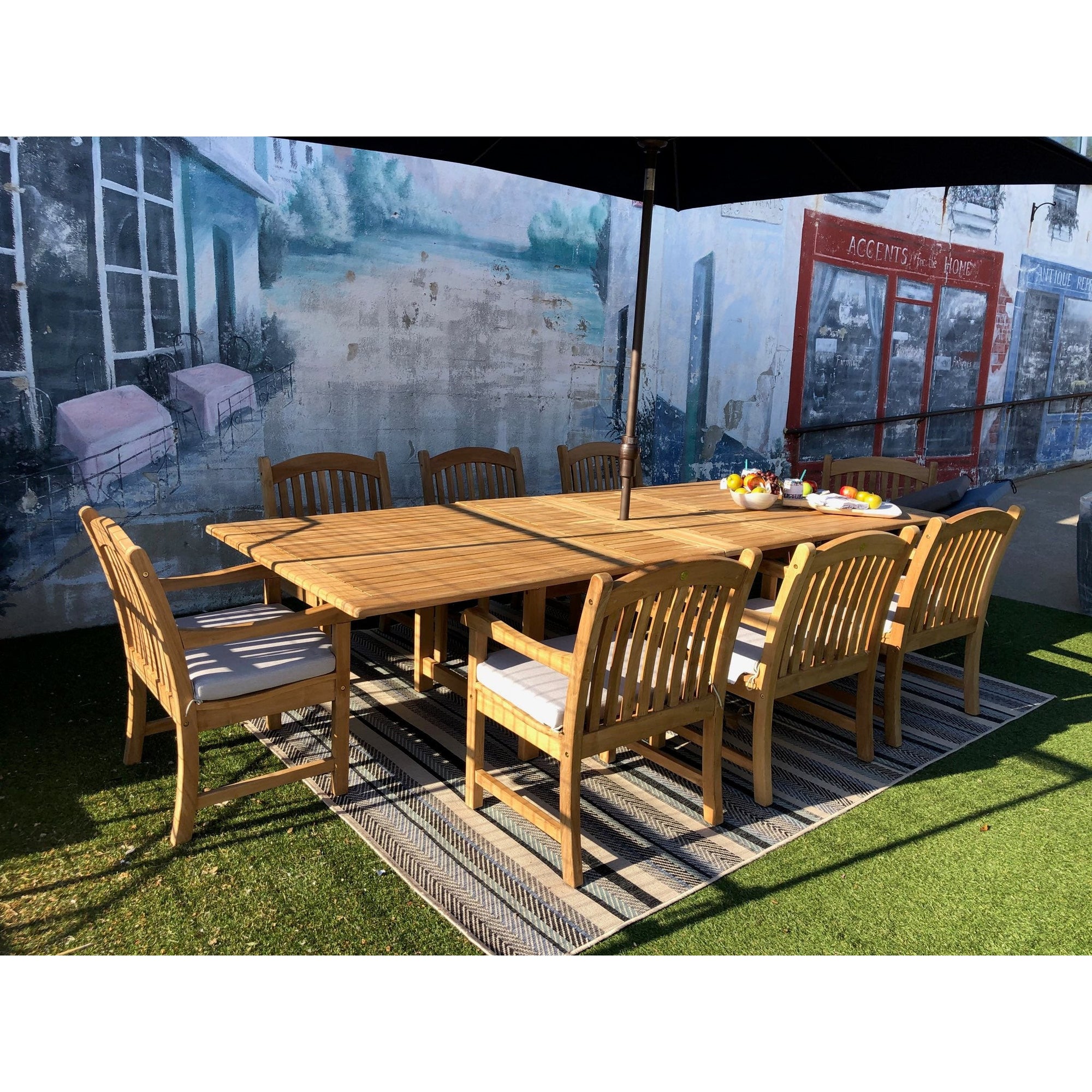 Teak Banquet 9pc Outdoor Dining Set (Teak Extendable Table 88-118" with 8 Teak Tista Armchairs +FREE Cushions +FREE Umbrella +FREE Cover)