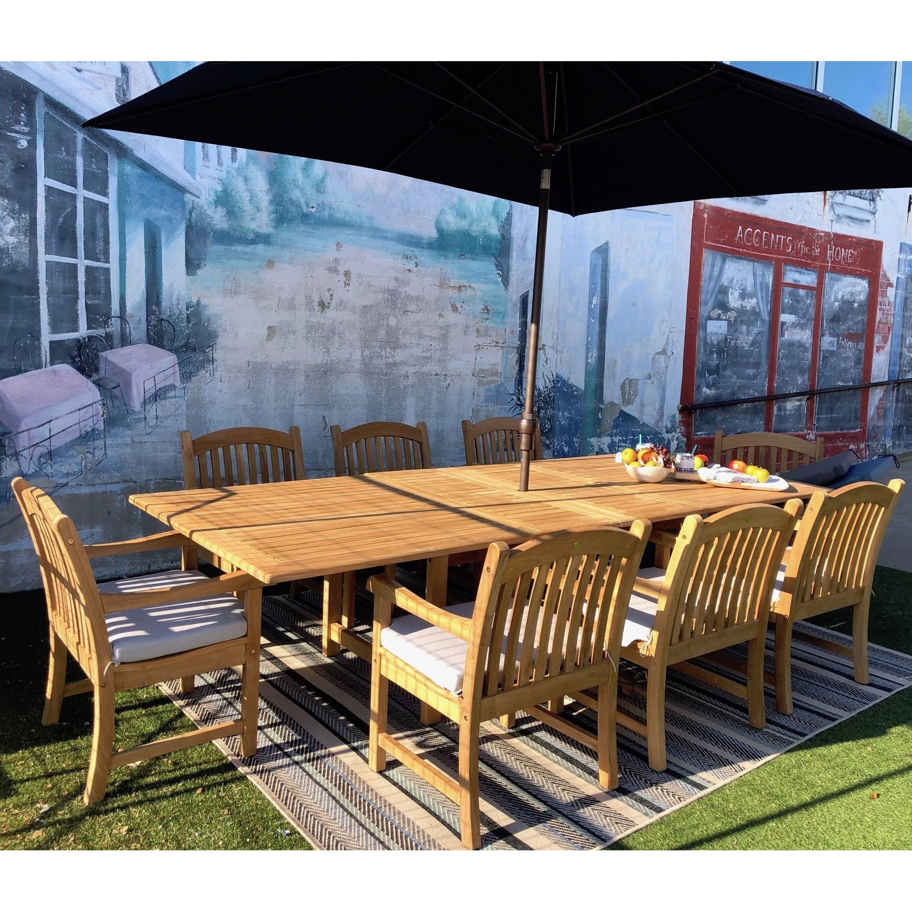 Teak Banquet 9pc Outdoor Dining Set (Teak Extendable Table 88-118" with 8 Teak Tista Armchairs +FREE Cushions +FREE Umbrella +FREE Cover)