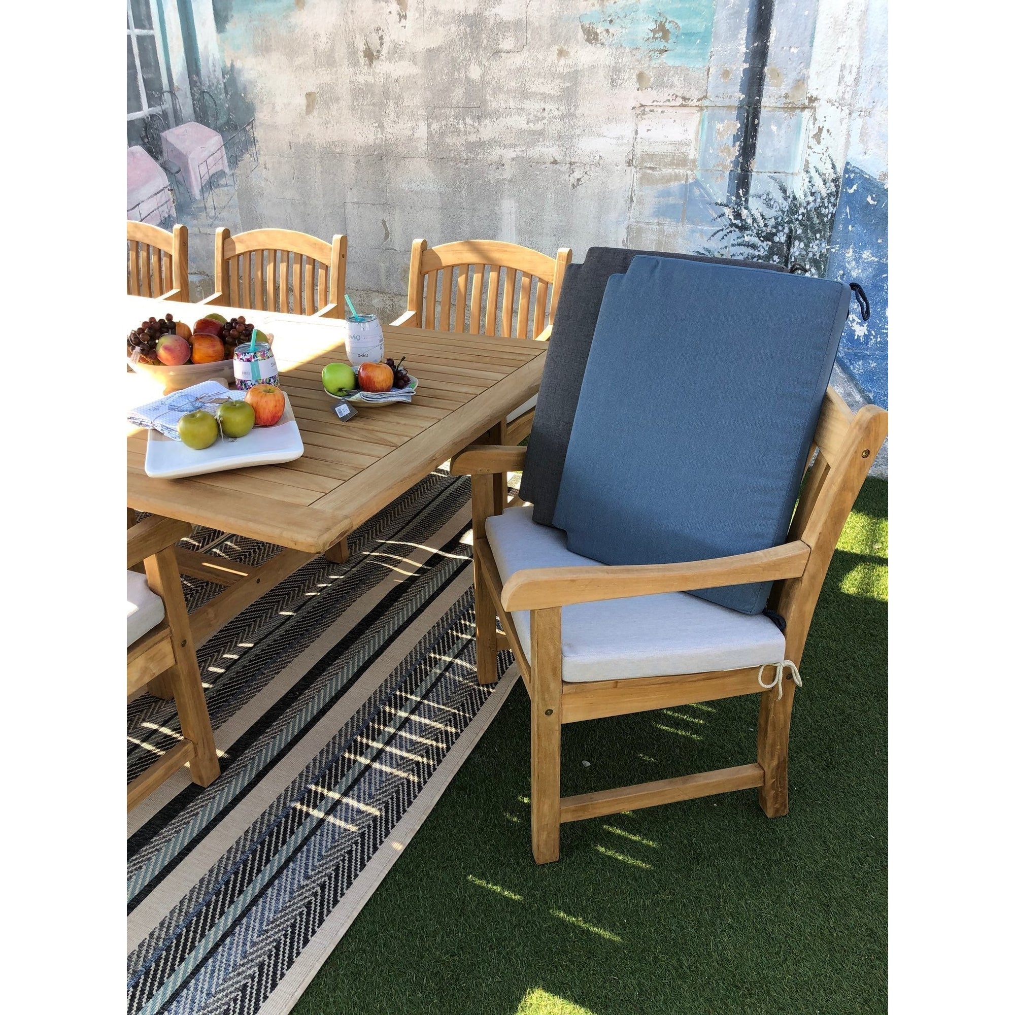 Rinjani Teak 9pc Outdoor Dining Set (Teak 94" Rectangular Table with 8 Tista Teak Armchairs +FREE Cushions +FREE Umbrella +FREE Cover)