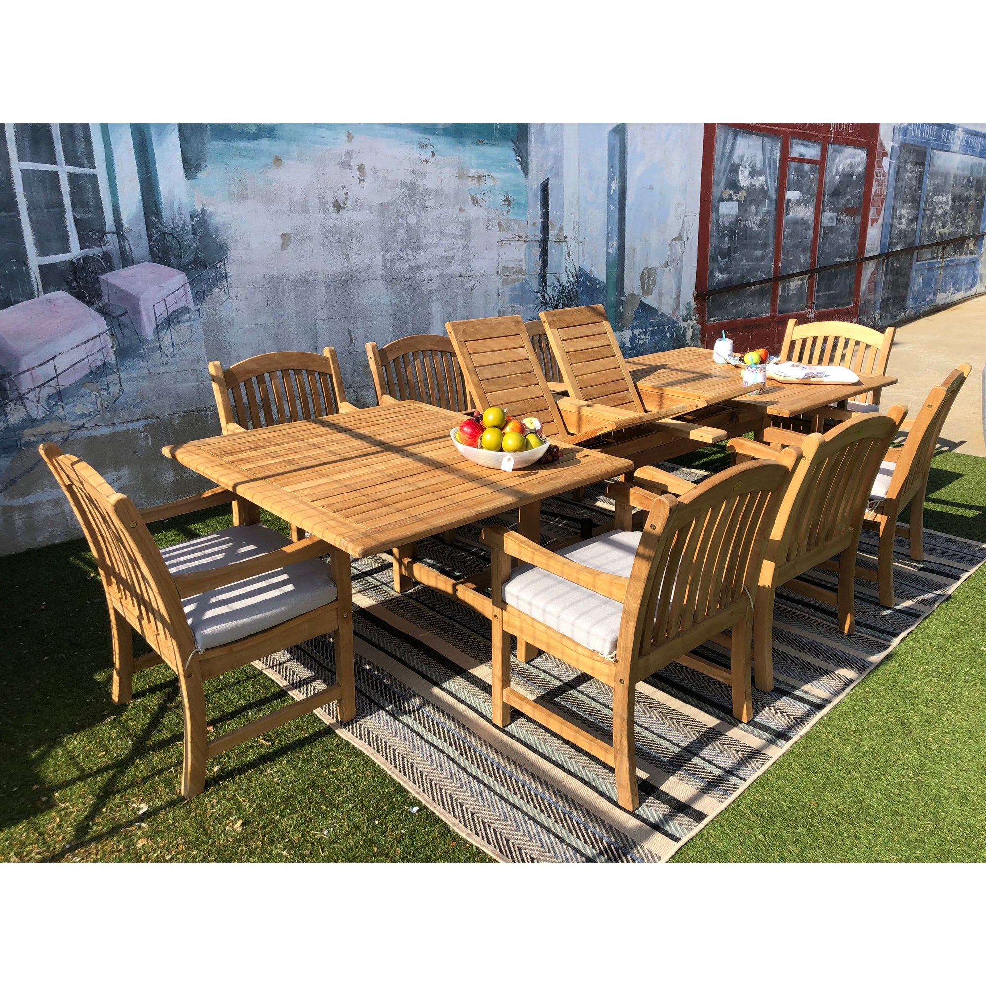 Teak Banquet 9pc Outdoor Dining Set (Teak Extendable Table 88-118" with 8 Teak Tista Armchairs +FREE Cushions +FREE Umbrella +FREE Cover)