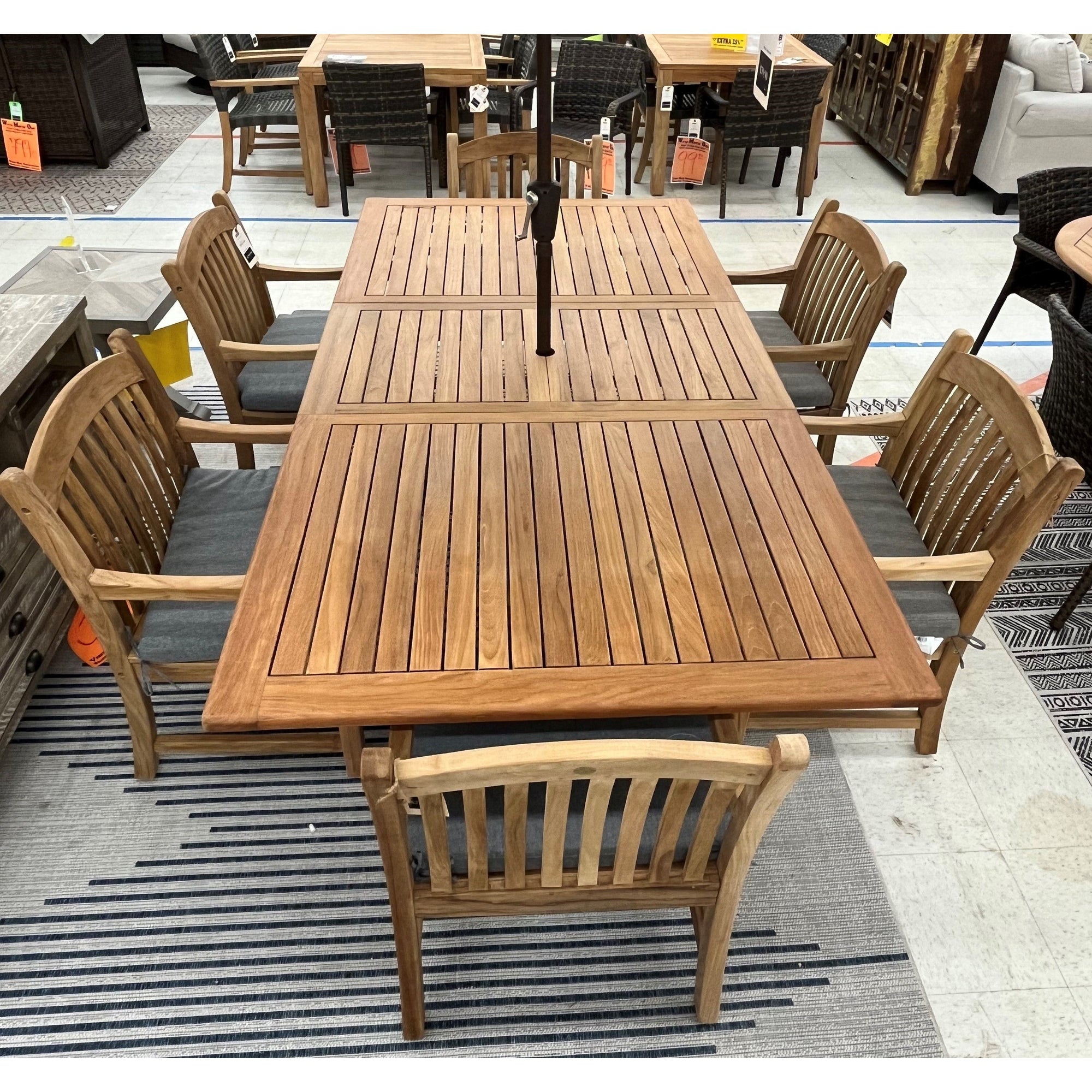 Bali Teak 7pc Outdoor Dining Set (Teak Rectangular Extendable Table 70-94" with 6 Teak Tista Armchairs +FREE Cushions +FREE Umbrella +FREE Cover)