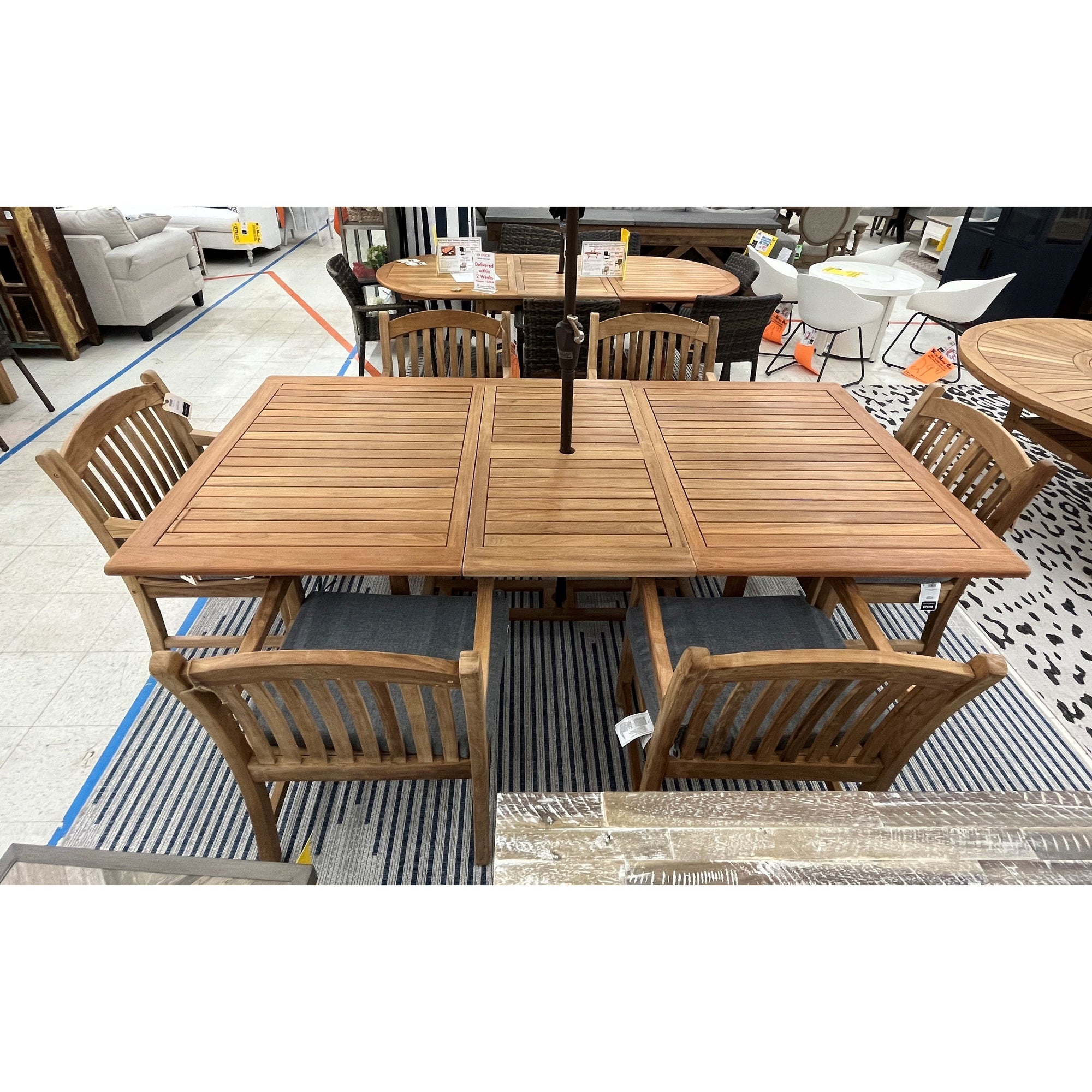 Bali Teak 7pc Outdoor Dining Set (Teak Rectangular Extendable Table 70-94" with 6 Teak Tista Armchairs +FREE Cushions +FREE Umbrella +FREE Cover)