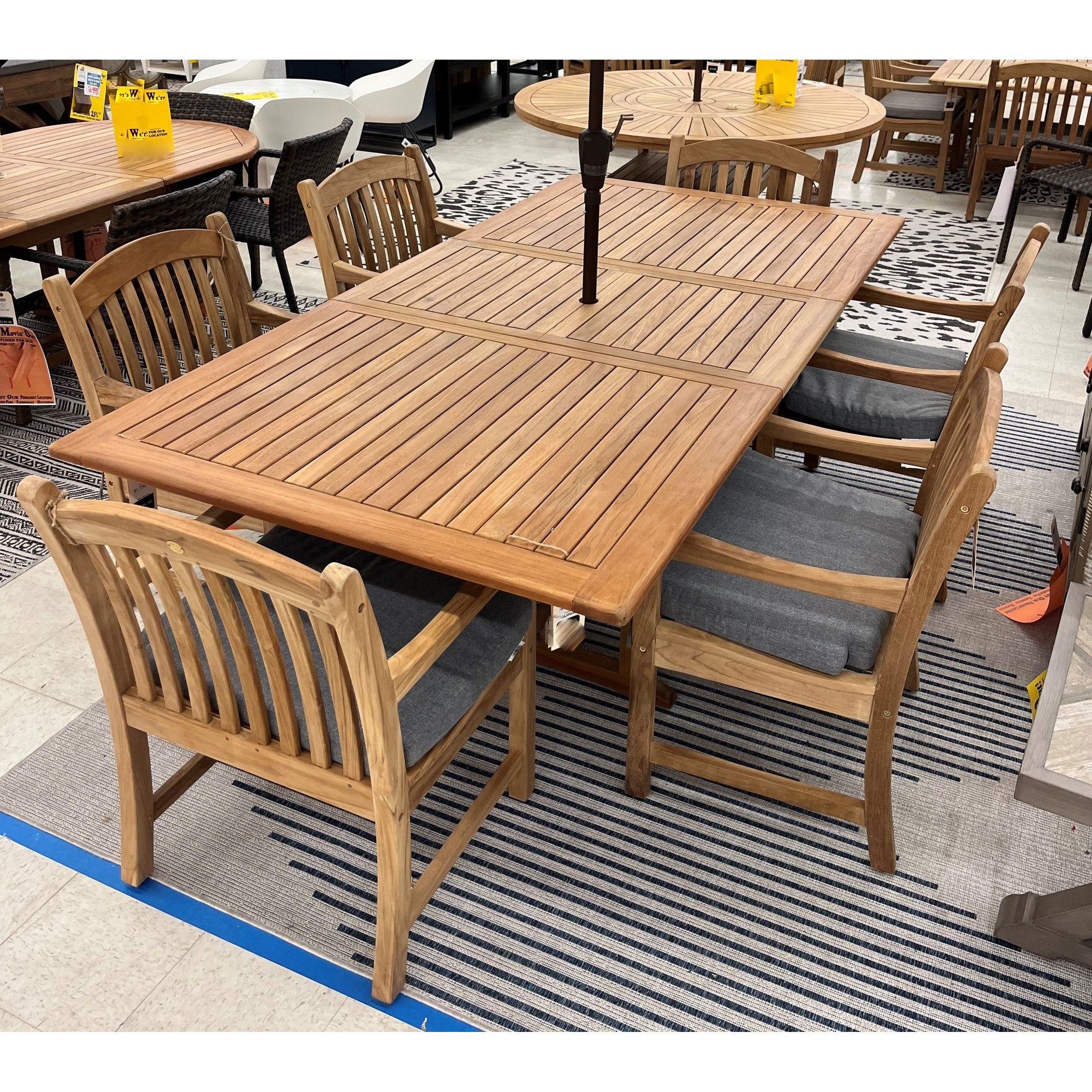 Bali Teak 7pc Outdoor Dining Set (Teak Rectangular Extendable Table 70-94" with 6 Teak Tista Armchairs +FREE Cushions +FREE Umbrella +FREE Cover)