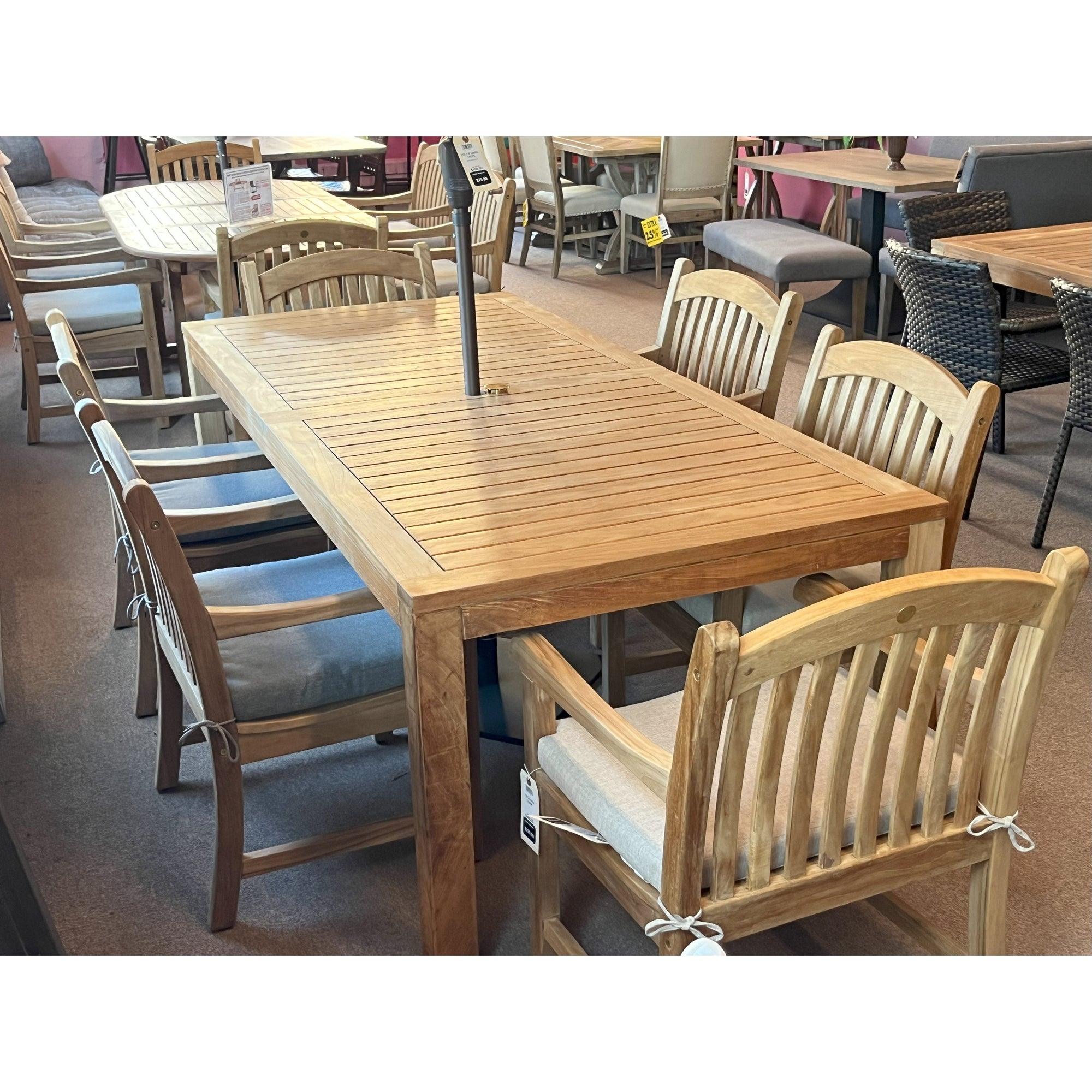 Katana Teak 7pc Outdoor Dining Set (Teak 86" Rectangular Table with 6 Teak Tista Armchairs +FREE Cushions +FREE Umbrella +FREE Cover)