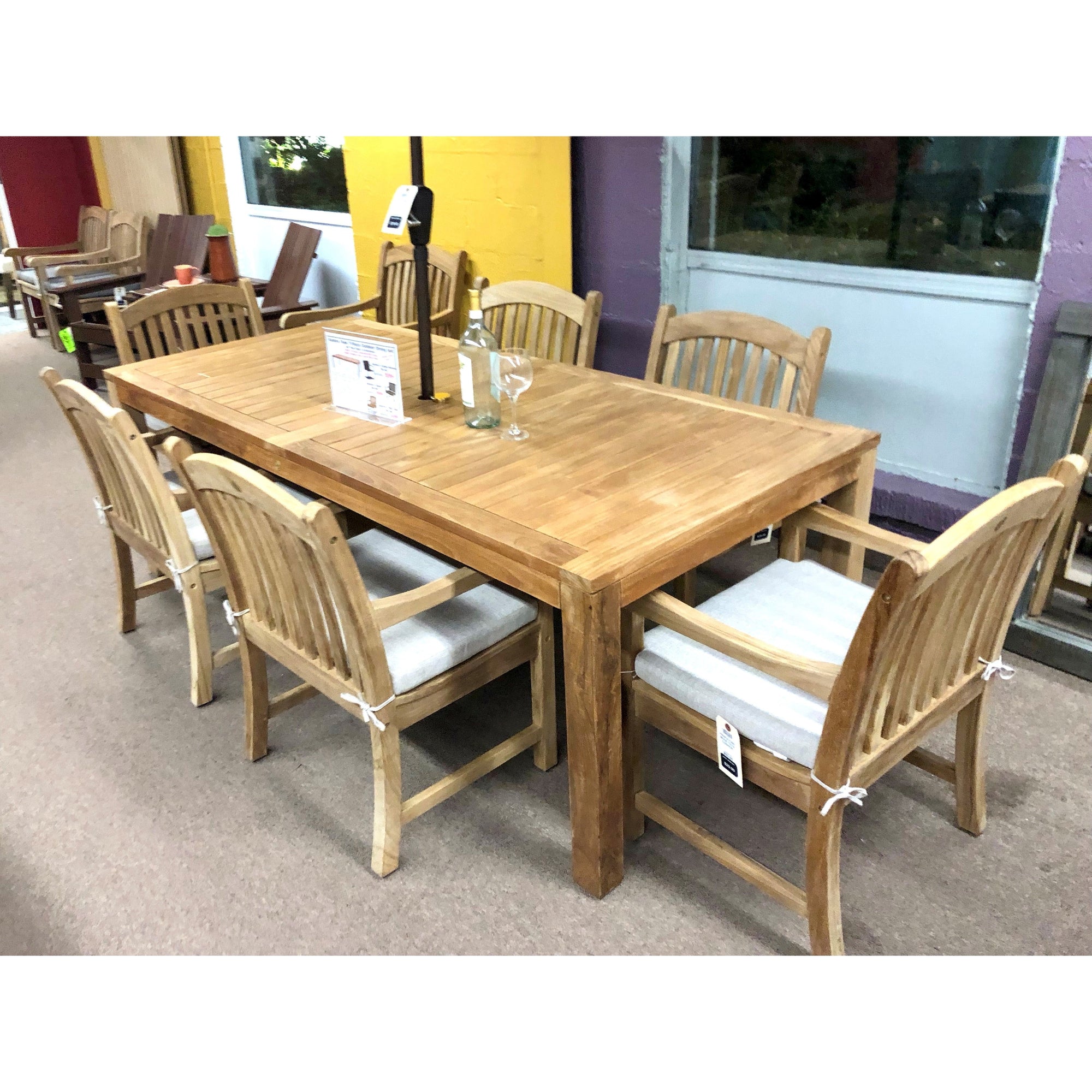 Katana Teak 7pc Outdoor Dining Set (Teak 86" Rectangular Table with 6 Teak Tista Armchairs +FREE Cushions +FREE Umbrella +FREE Cover)