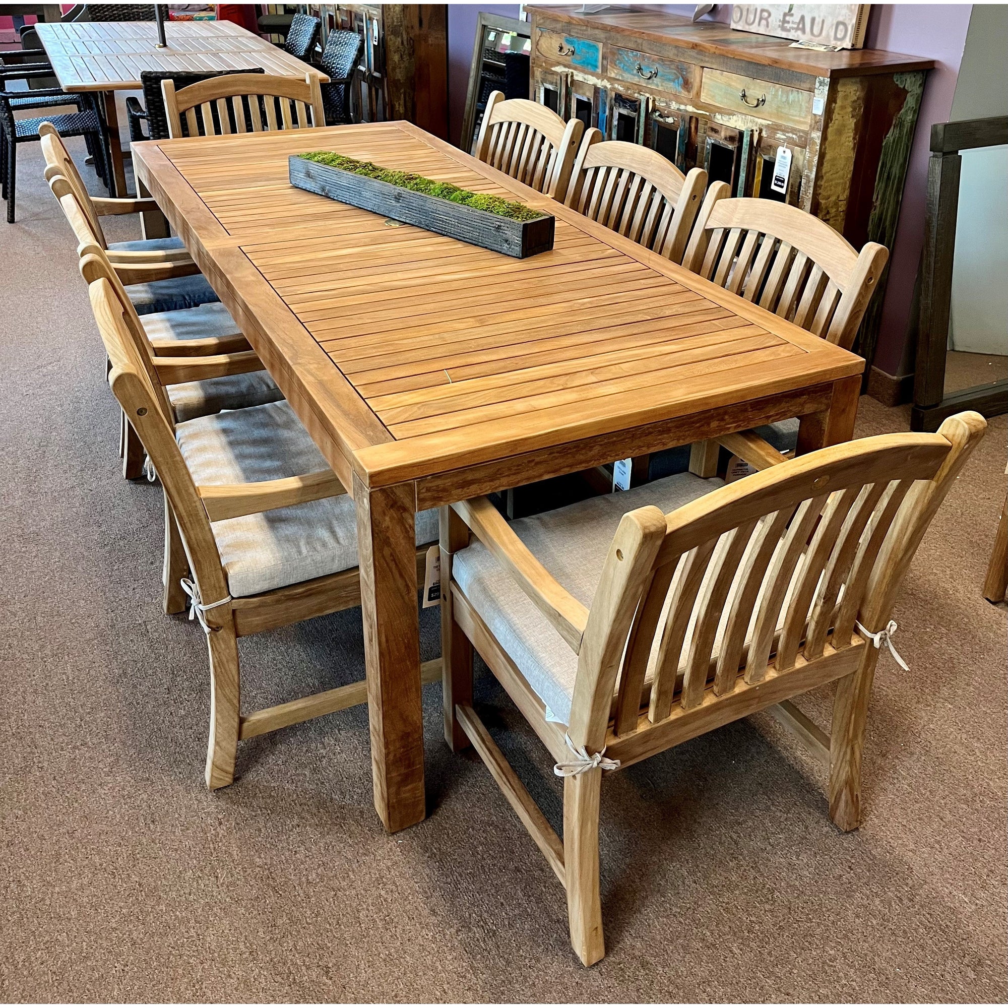 Rinjani Teak 9pc Outdoor Dining Set (Teak 94" Rectangular Table with 8 Tista Teak Armchairs +FREE Cushions +FREE Umbrella +FREE Cover)