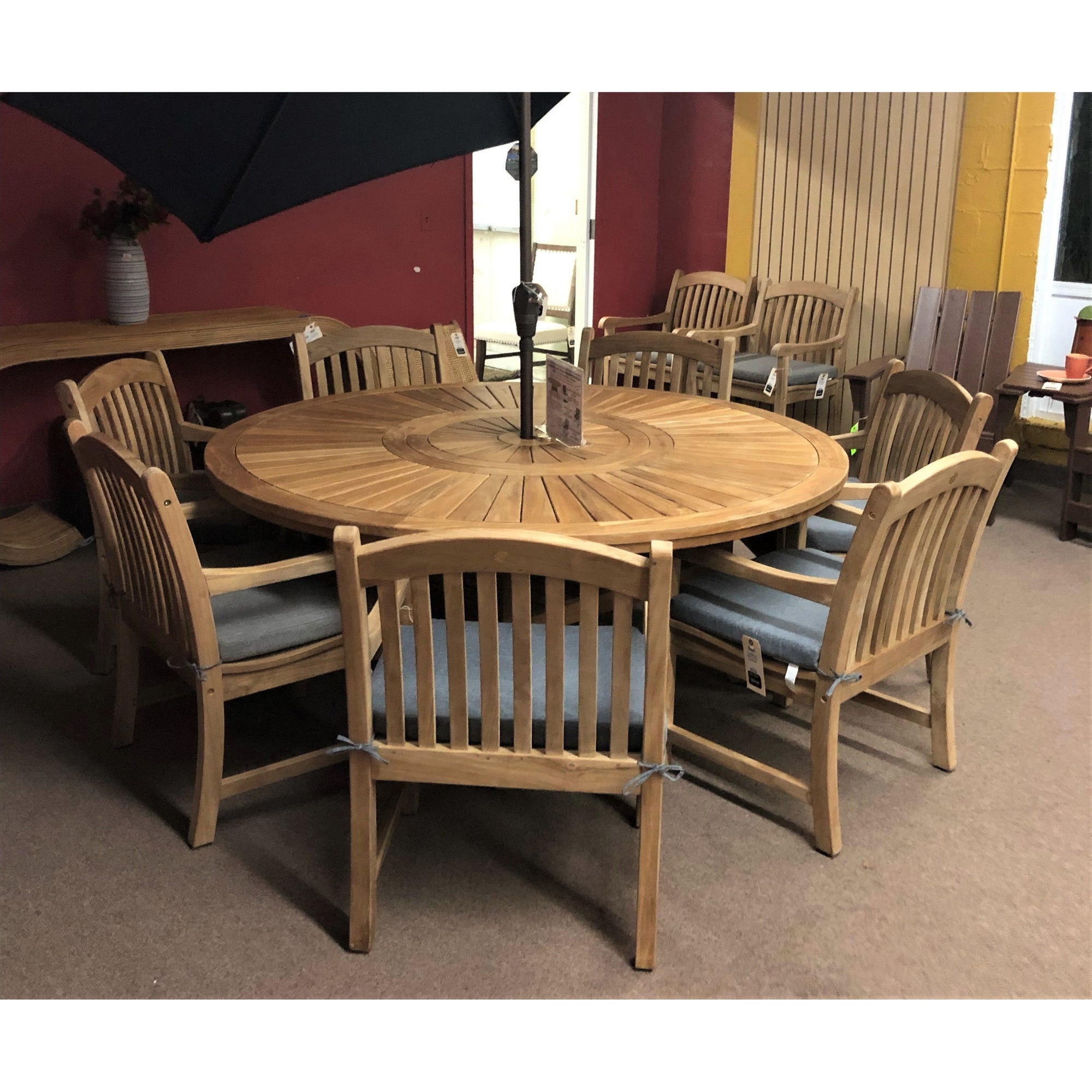 Komodo Teak 7pc Outdoor Dining Set (Teak 70" Round Table w Built-in Lazy Susan with 6 Teak Tista Armchairs +FREE Cushions +FREE Umbrella +FREE Cover)