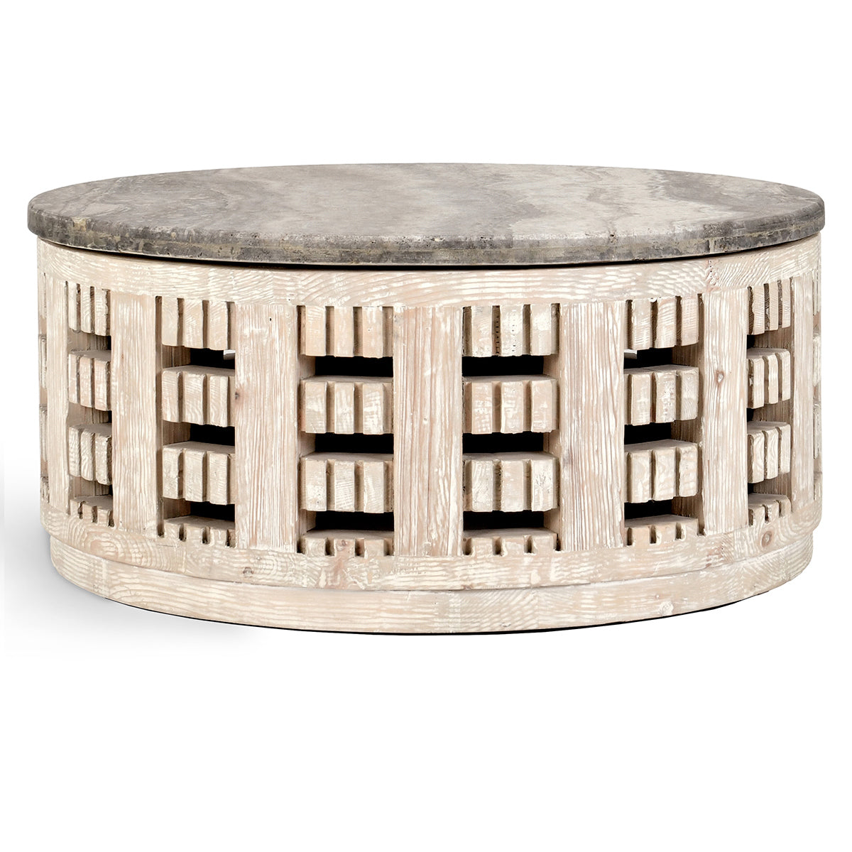 Becky Reclaimed Pine 41" Round Coffee Table Timeworn Cream/Travertine