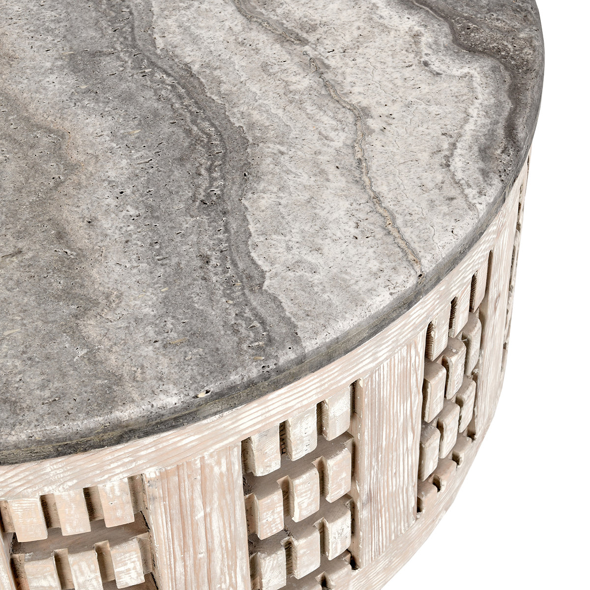 Becky Reclaimed Pine 41&quot; Round Coffee Table Timeworn Cream/Travertine