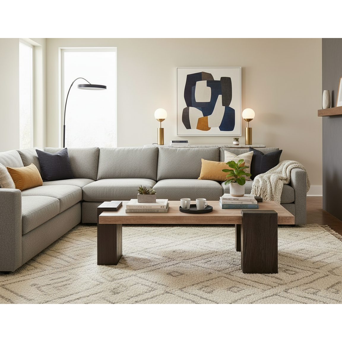 Designer Two-Tone 62" Coffee Table Natural Walnut Finish