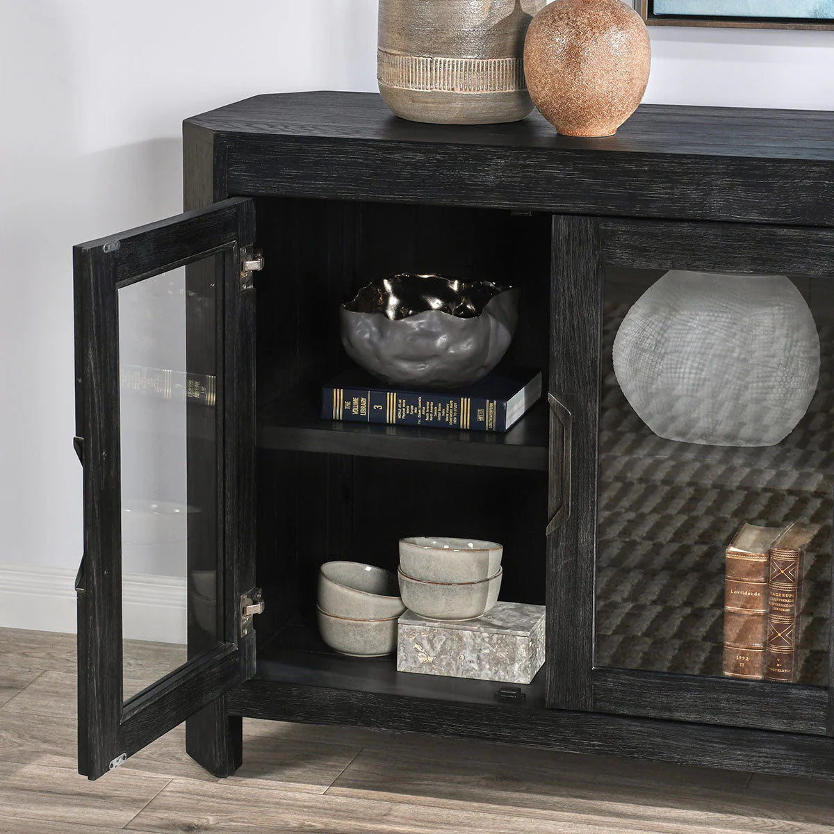 Aged Black Reclaimed Oak 4-Door Cabinet 84&quot;