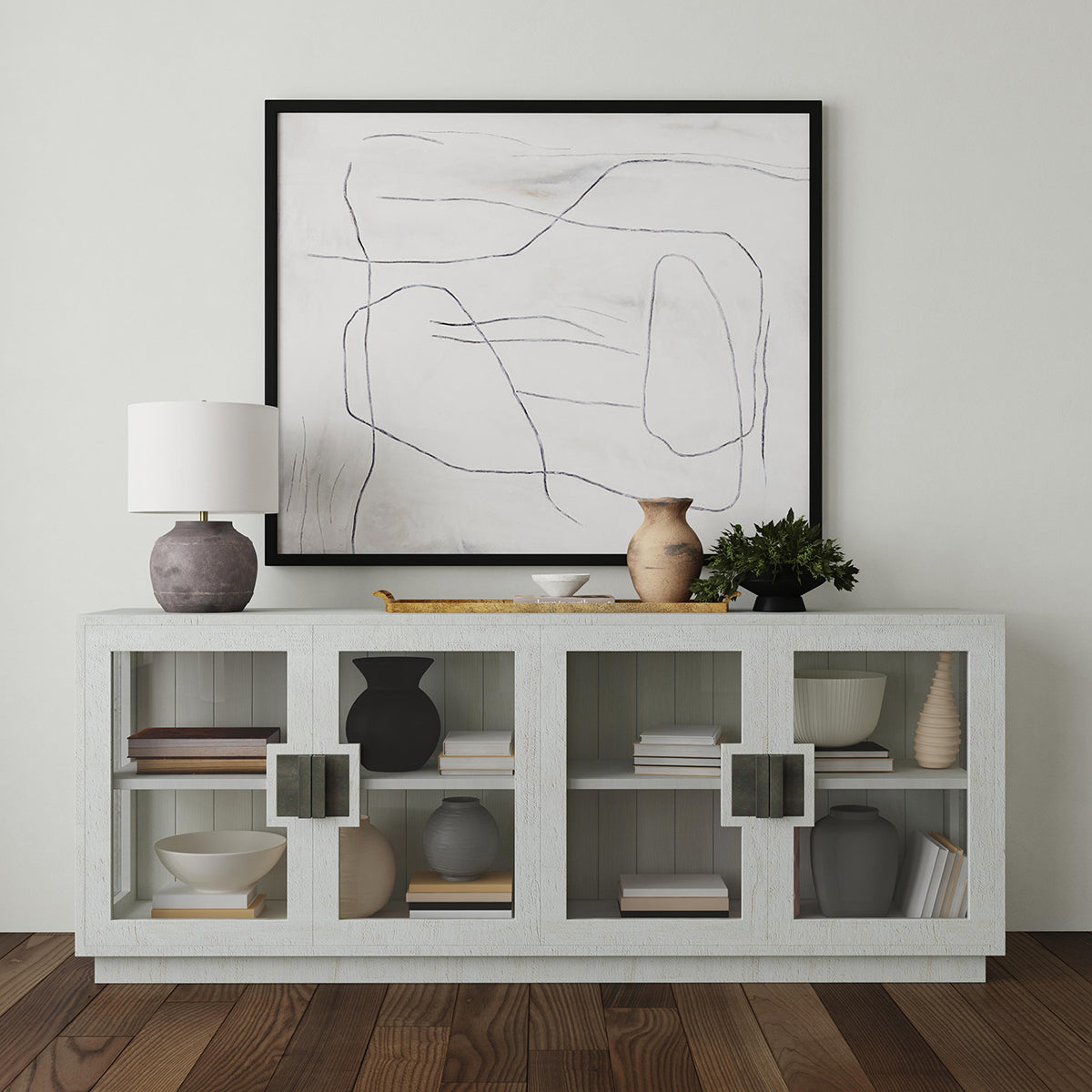 Larson Reclaimed Pine 4-Door Cabinet Distressed Ivory