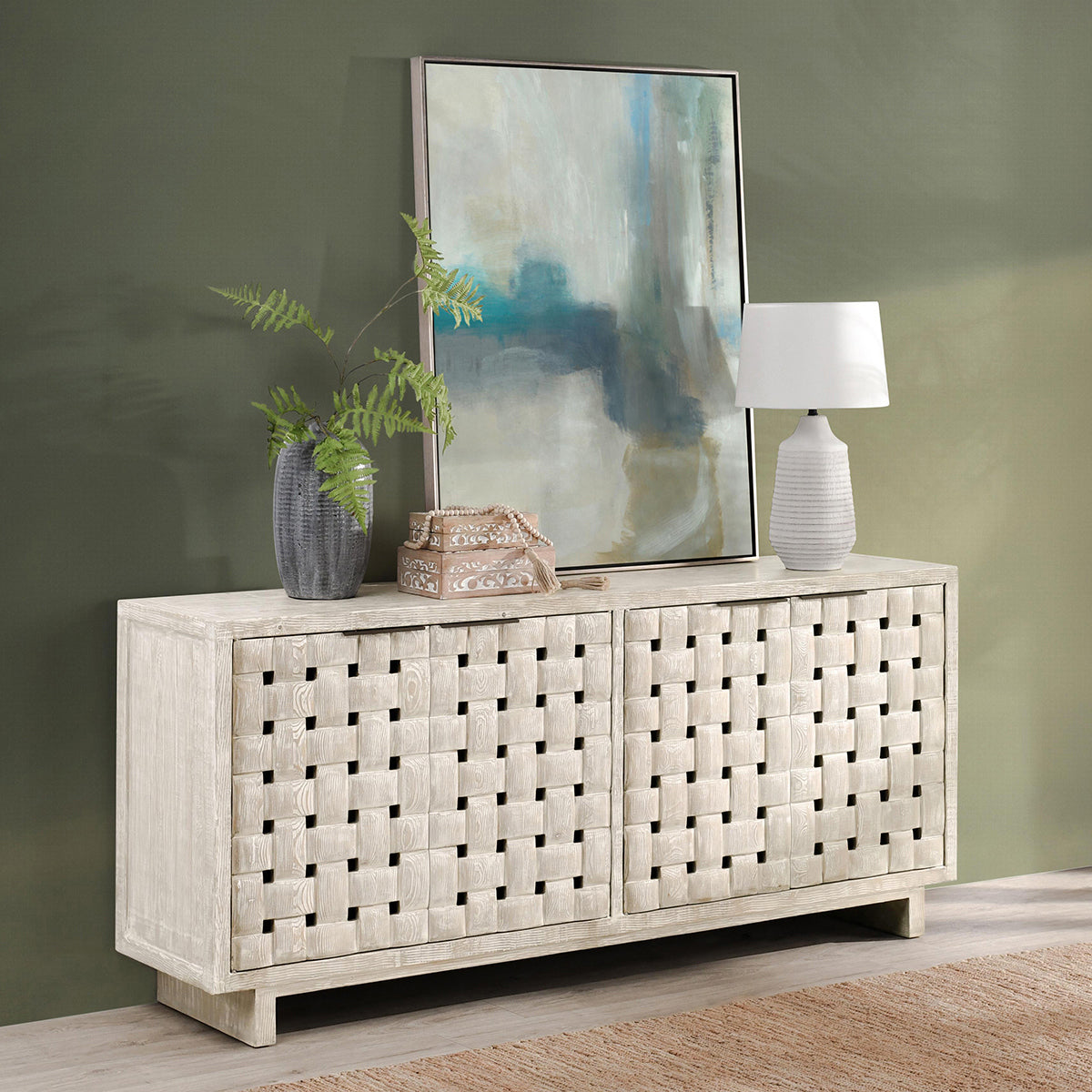 Bast Pine Wood 4-Door Cabinet Timeworn Cream