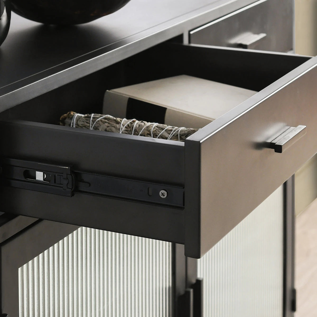 Nore Metal/Glass 2-Drawer 2-Door Cabinet Blackened Steel