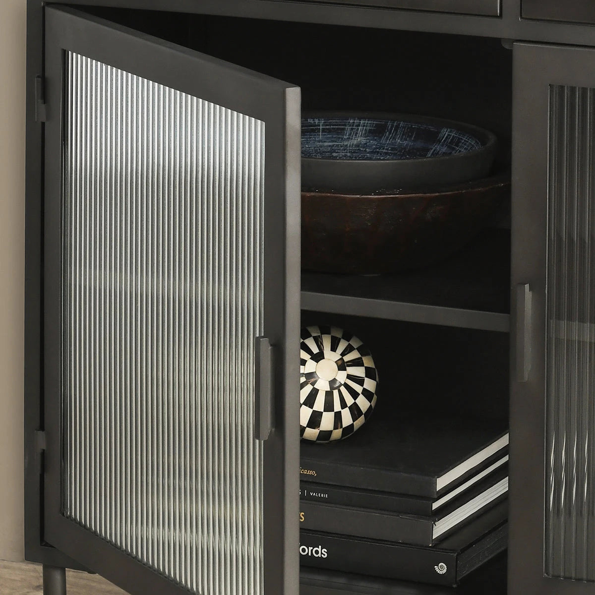 Nore Metal/Glass 2-Drawer 2-Door Cabinet Blackened Steel