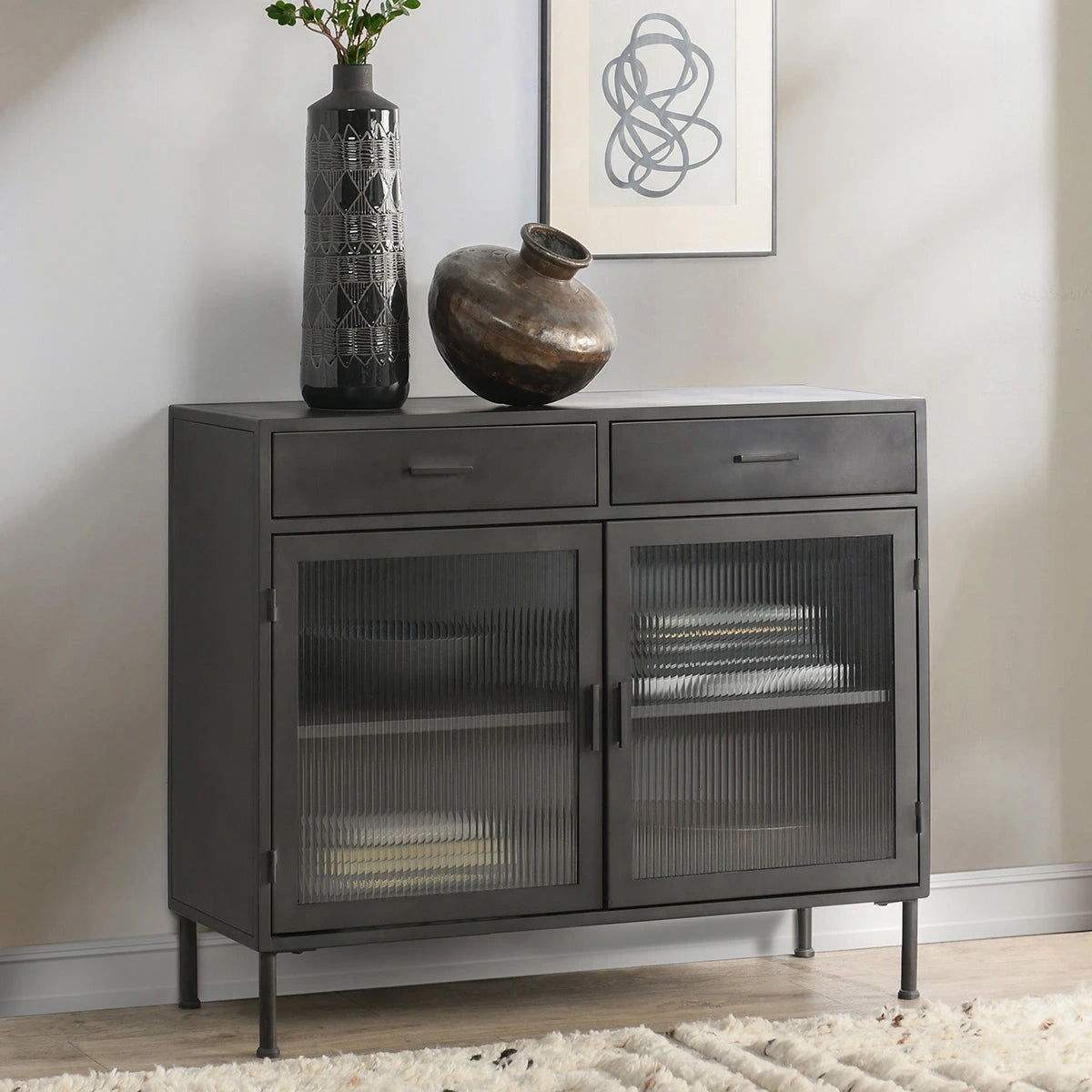 Nore Metal/Glass 2-Drawer 2-Door Cabinet Blackened Steel