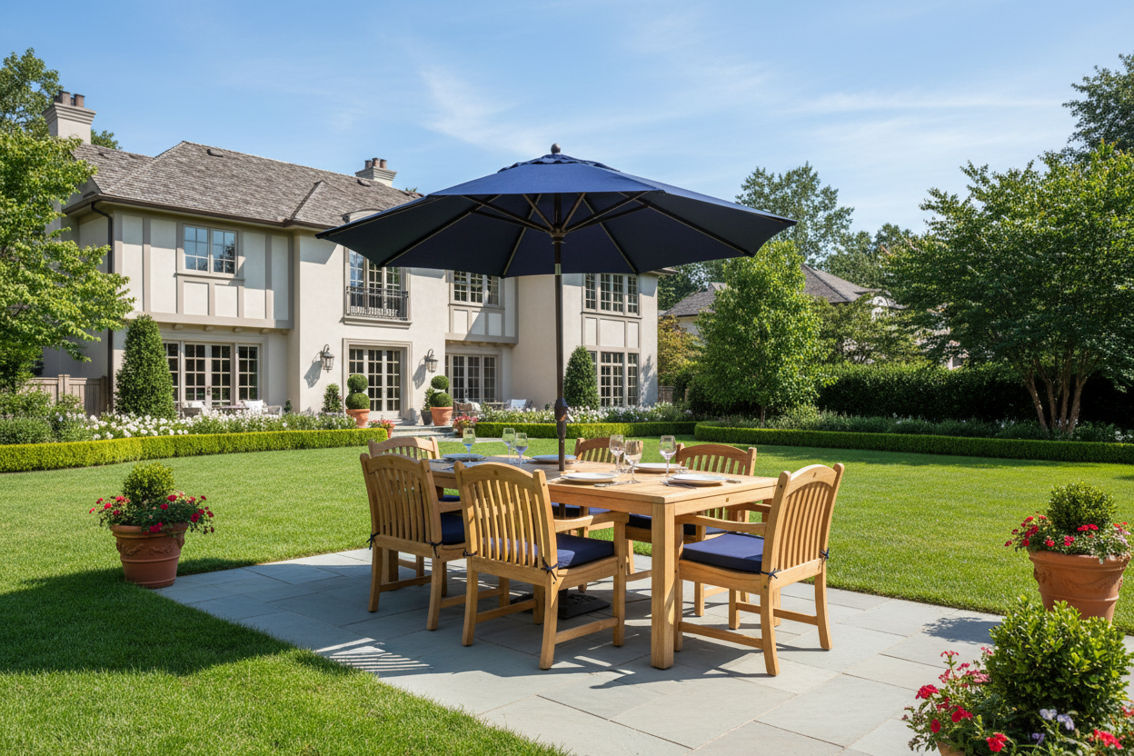 Katana Teak 7pc Outdoor Dining Set (Teak 86" Rectangular Table with 6 Teak Tista Armchairs +FREE Cushions +FREE Umbrella +FREE Cover)