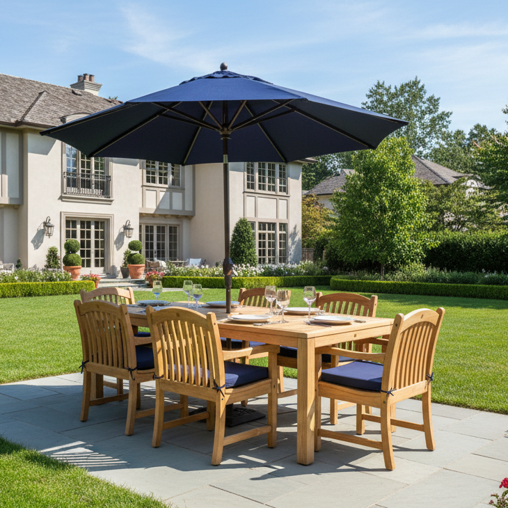 Katana Teak 7pc Outdoor Dining Set (Teak 86" Rectangular Table with 6 Teak Tista Armchairs +FREE Cushions +FREE Umbrella +FREE Cover)