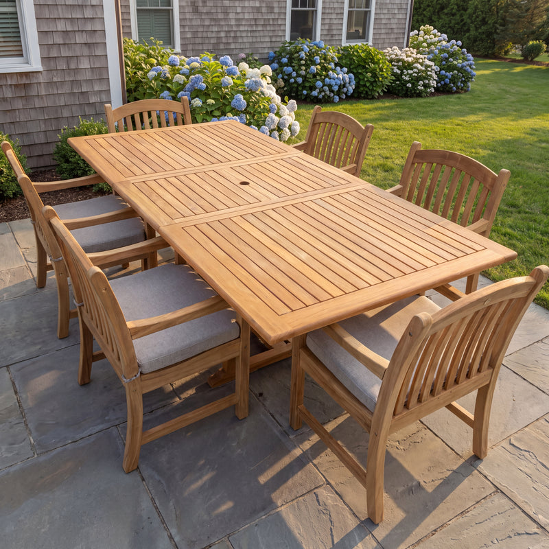 Bali Teak 7pc Outdoor Dining Set (Teak Rectangular Extendable Table 70-94" with 6 Teak Tista Armchairs +FREE Cushions +FREE Umbrella +FREE Cover)