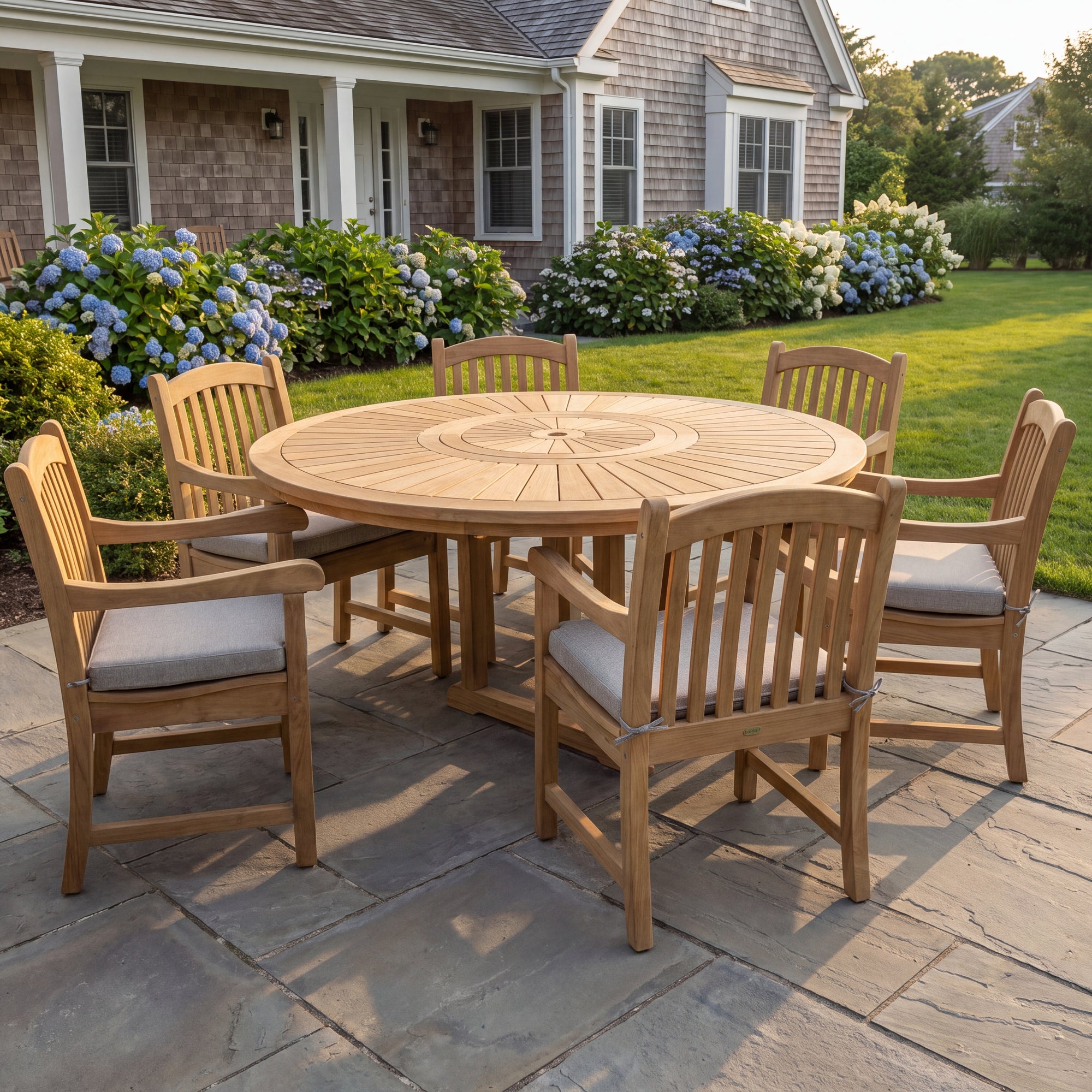 Komodo Teak 7pc Outdoor Dining Set (Teak 70" Round Table w Built-in Lazy Susan with 6 Teak Tista Armchairs +FREE Cushions +FREE Umbrella +FREE Cover)