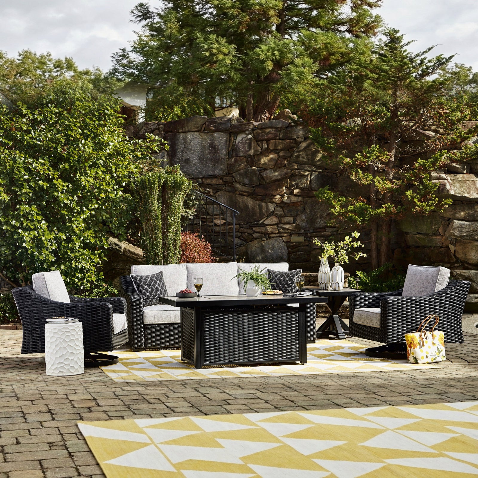 Fire Island Black Outdoor 3-Piece Seating Set (Sofa +2 Swivel Rockers)