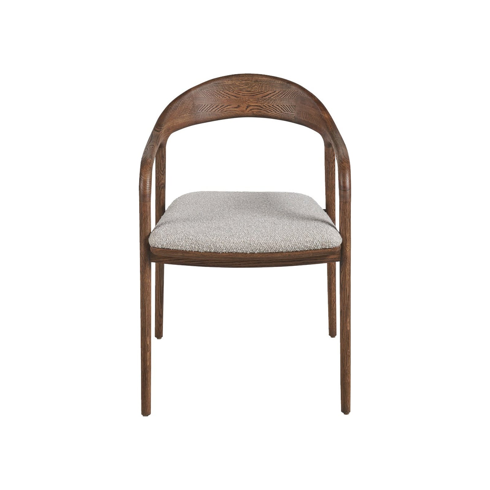 Universal Echo dining arm chair in Medium Brown Oak with Medina Pebble upholstered seat, front view