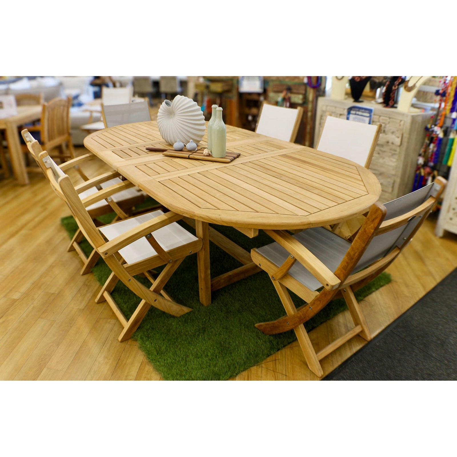 Harbour Teak Outdoor Dining Set (Teak Extendable Oval Table 71-95" with 6 Teak Folding Yacht Armchairs +FREE Cover)