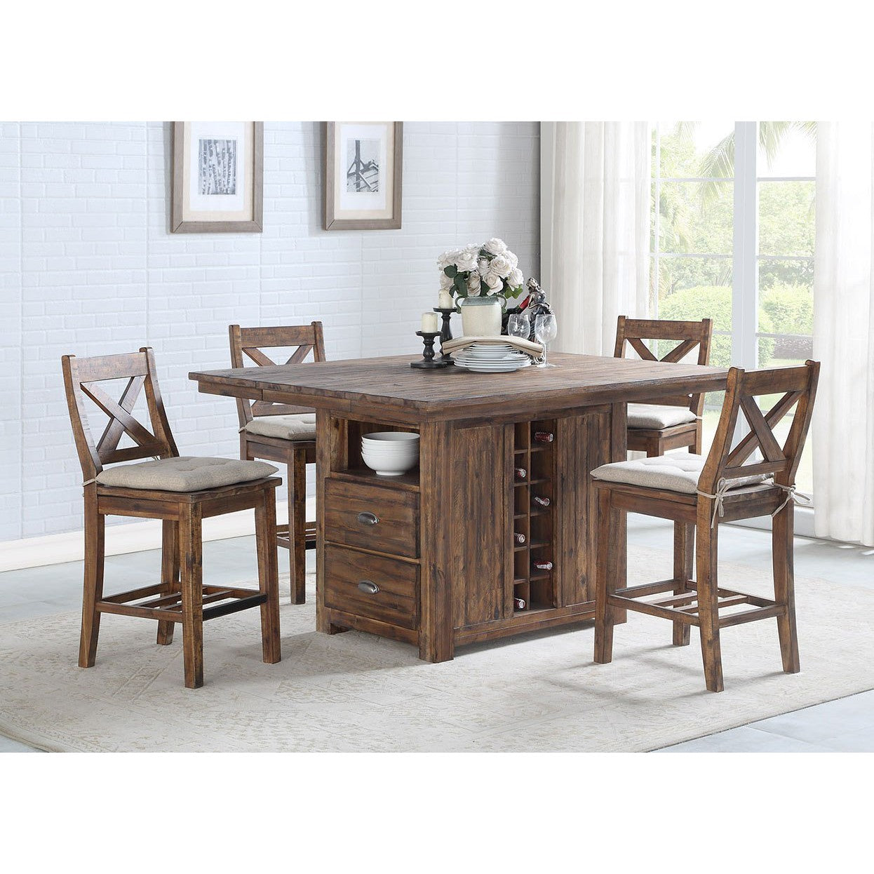 Rustic Wood Extendable (60x30-48") Pub Height 5pc Dining Set