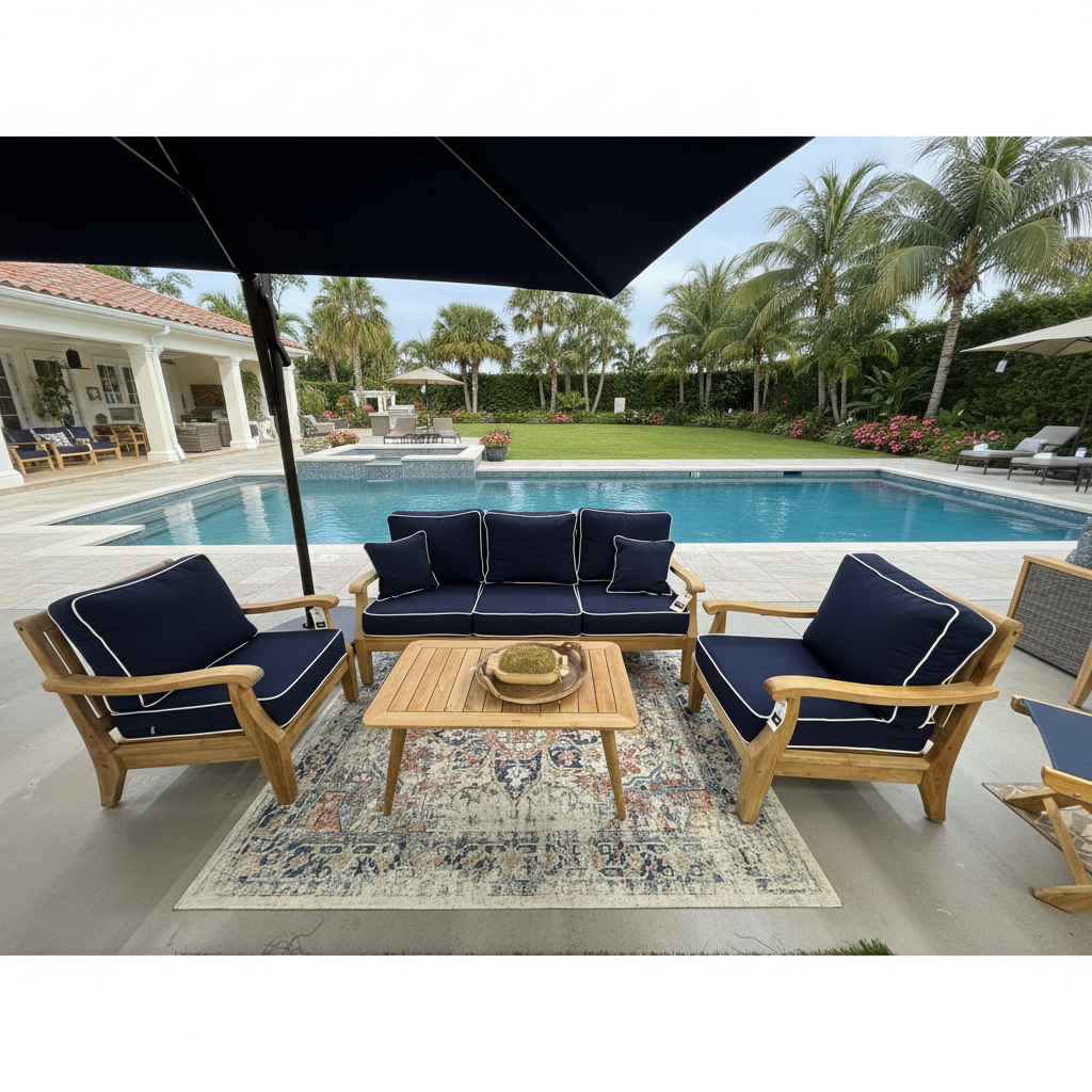 Bermuda Teak 3pc Outdoor Seating Set (Sofa +2 Club Chairs) with Navy Sunbrella High Performance Cushions