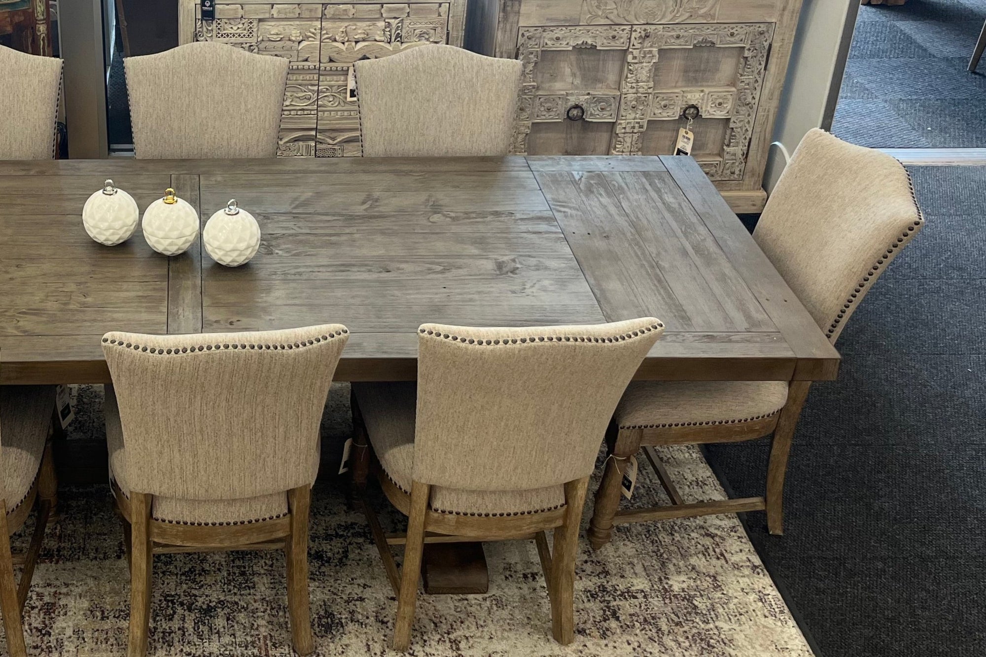 Caleb 7pc Dining Set (94&quot; Reclaimed Pine Table +6 Upholstered Chairs)