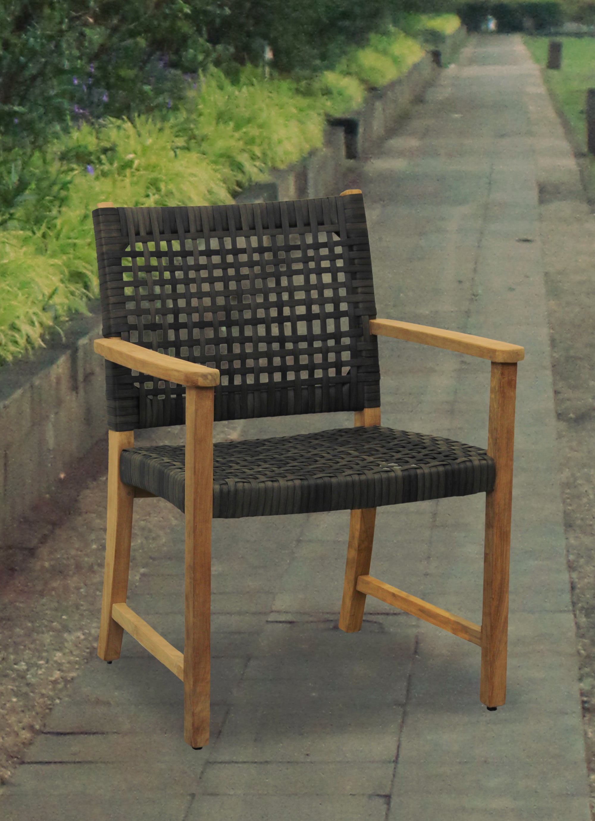 Komodo Teak 7pc Outdoor Dining Set (Teak 70&quot; Round Table w Built-in Lazy Susan with 6 Woven Sanur Armchairs)