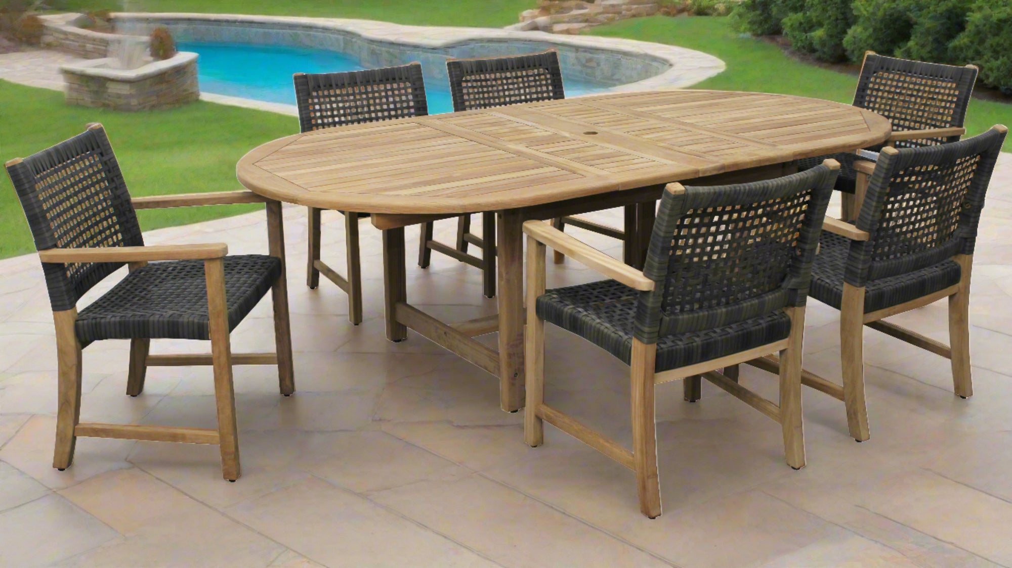 Harbour Teak Outdoor Dining Set (Teak Extendable Oval Table 71-95&quot; with 6 Sanur Woven Armchairs +FREE Cover)