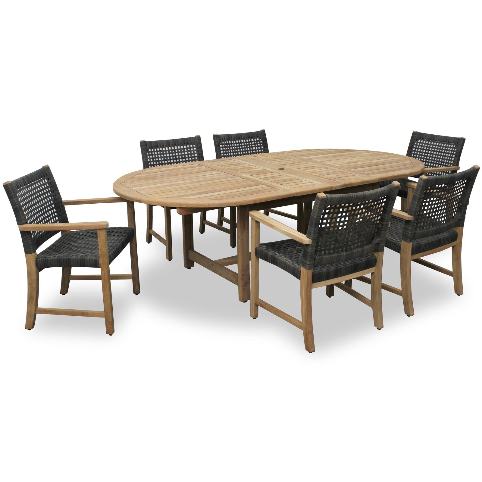 Harbour Teak Outdoor Dining Set (Teak Extendable Oval Table 71-95" with 6 Sanur Woven Armchairs +FREE Cover)