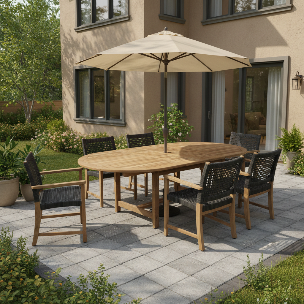 Harbour Teak 7pc Outdoor Dining Set (Teak Extendable Oval Table 71-95" with 6 Sanur Teak Armchairs +FREE Umbrella +FREE Cover)