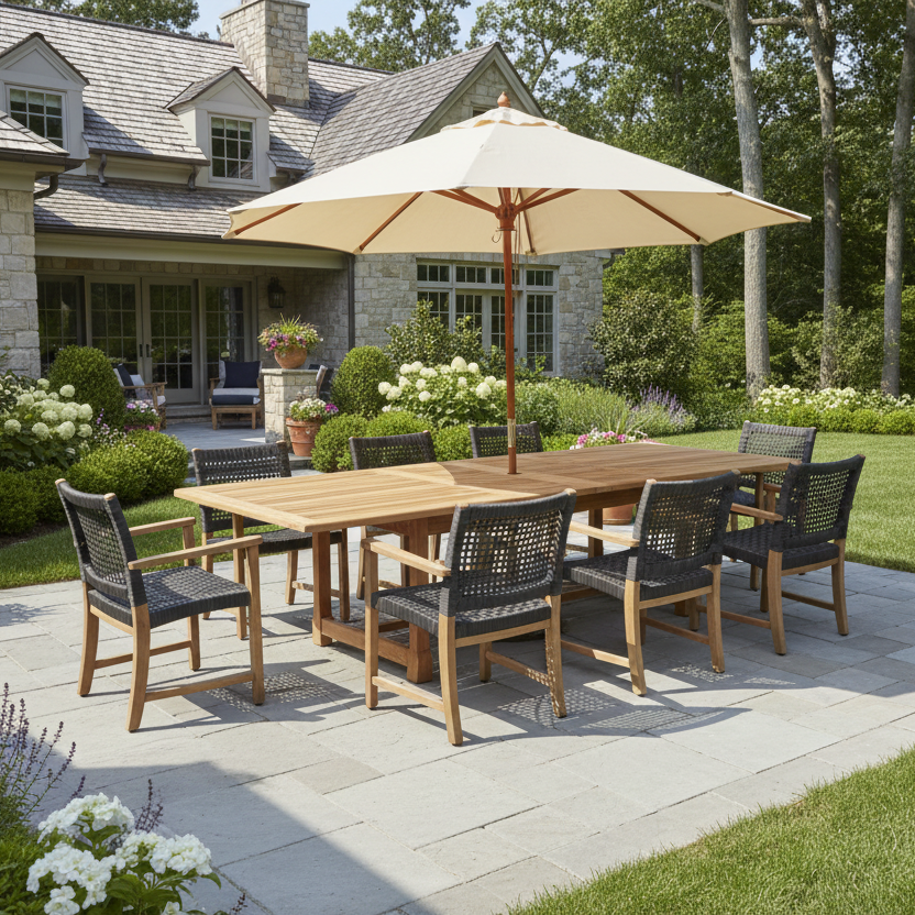 Teak Banquet 9pc Outdoor Dining Set (Teak Extendable Table 88-118" with 8 Teak Sanur Armchairs +FREE Cover +FREE Umbrella))