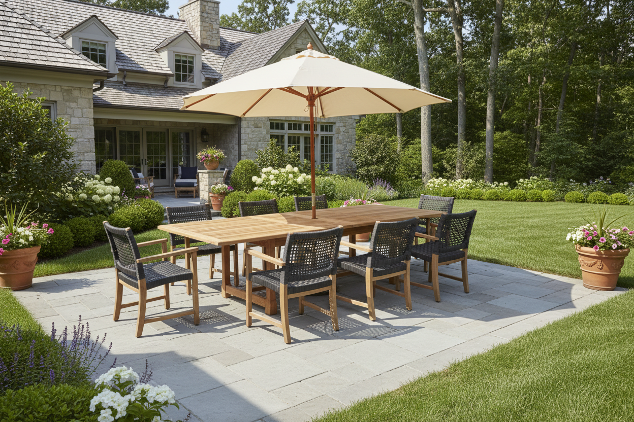 Teak Banquet 9pc Outdoor Dining Set (Teak Extendable Table 88-118" with 8 Teak Sanur Armchairs +FREE Cover +FREE Umbrella))