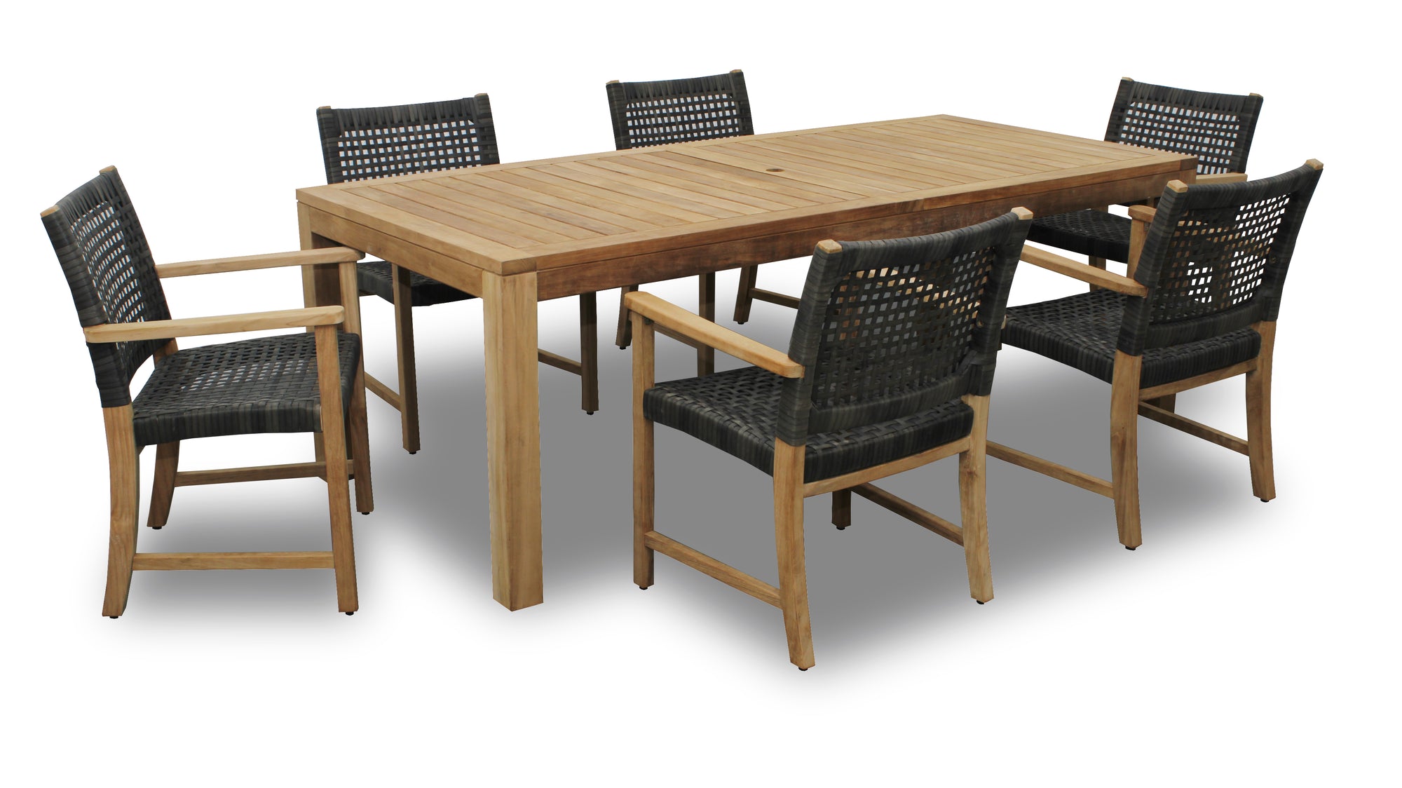 Katana Teak 7pc Outdoor Dining Set (Teak 86&quot; Rectangular Table with 6 Teak &amp; Woven Sanur Armchairs)
