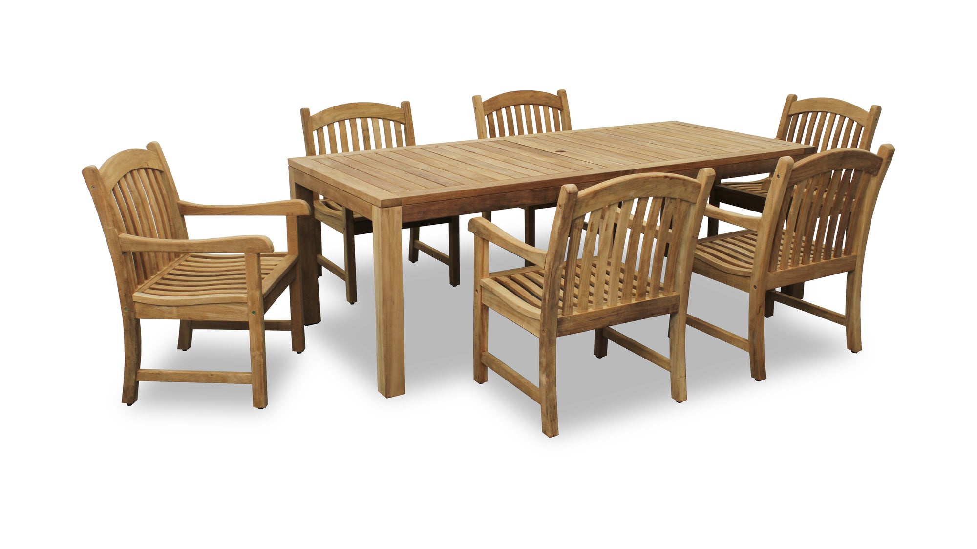 Katana Teak 7pc Outdoor Dining Set (Teak 86&quot; Rectangular Table with 6 Teak Tista Armchairs +FREE Cushions)