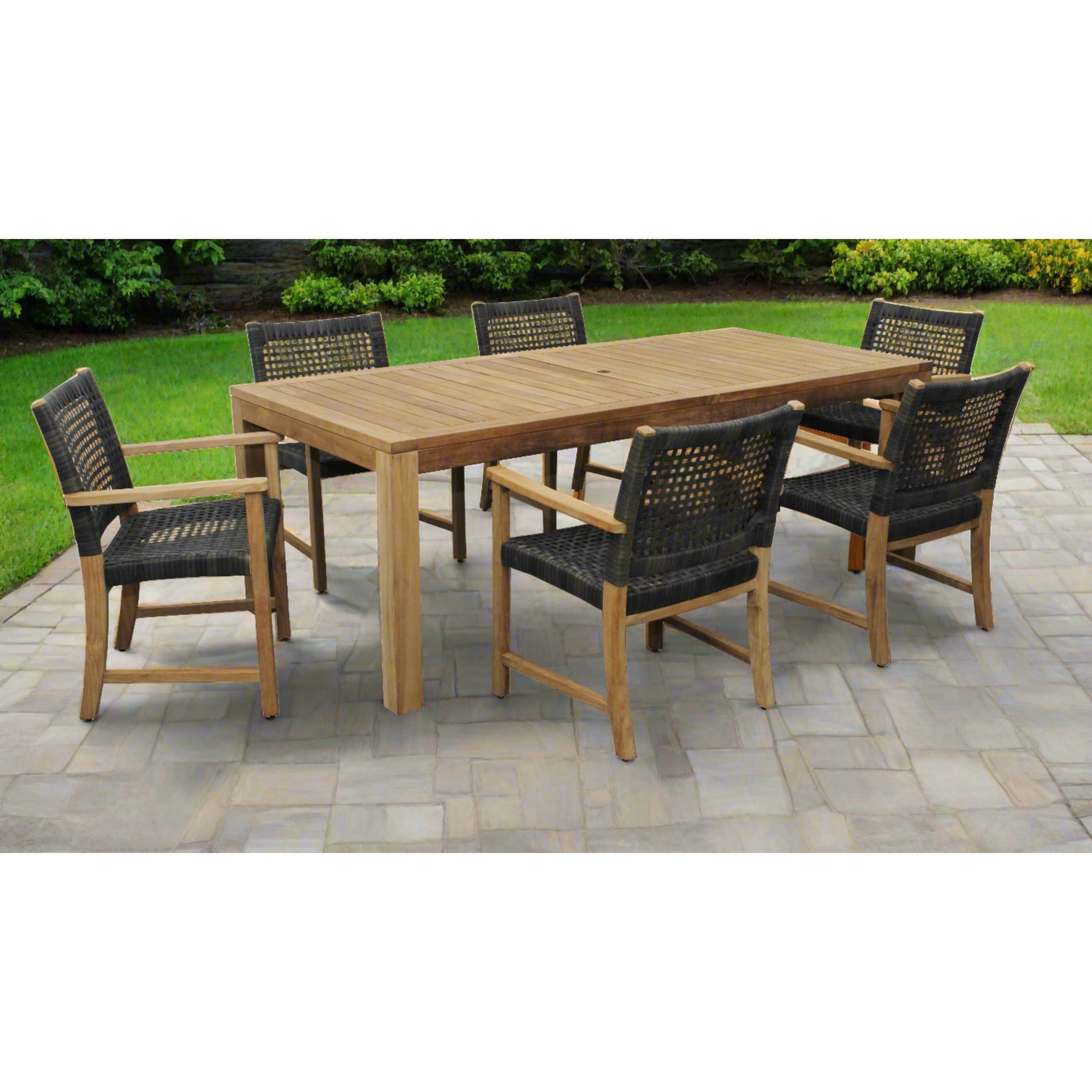 Katana Teak 7pc Outdoor Dining Set (Teak 86&quot; Rectangular Table with 6 Teak &amp; Woven Sanur Armchairs)