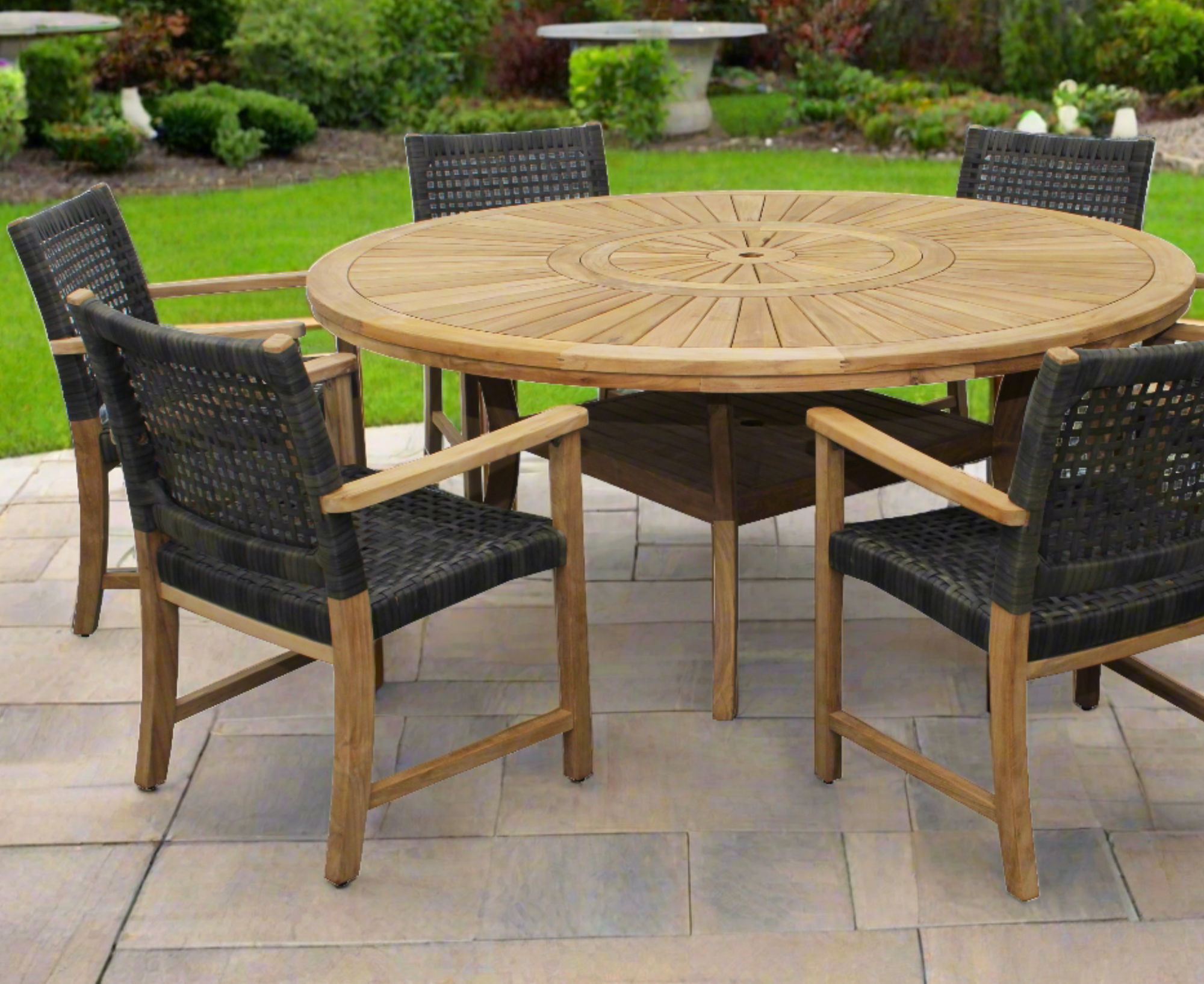 Komodo Teak 7pc Outdoor Dining Set (Teak 70&quot; Round Table w Built-in Lazy Susan with 6 Woven Sanur Armchairs)