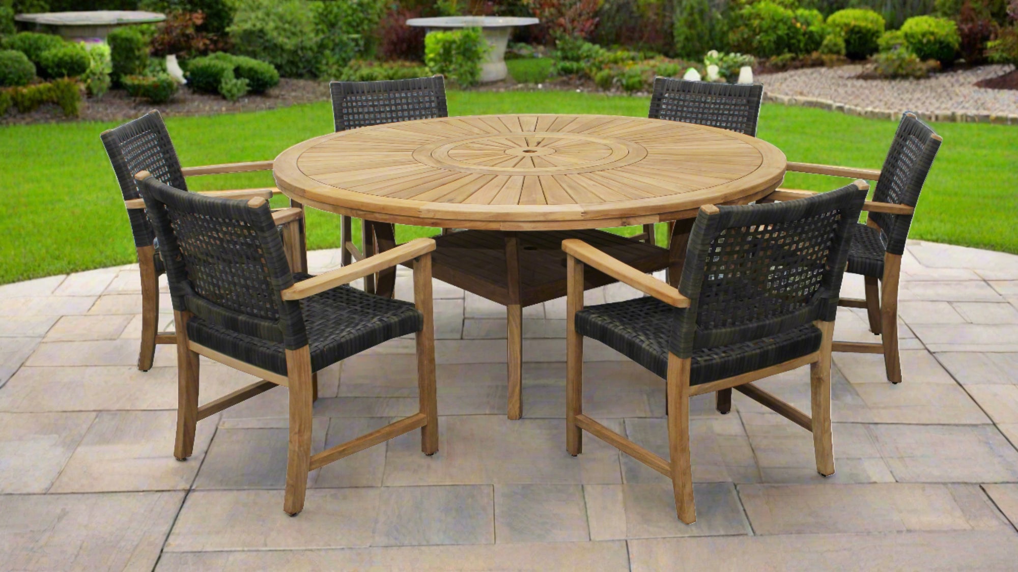 Komodo Teak 7pc Outdoor Dining Set (Teak 70&quot; Round Table w Built-in Lazy Susan with 6 Woven Sanur Armchairs)