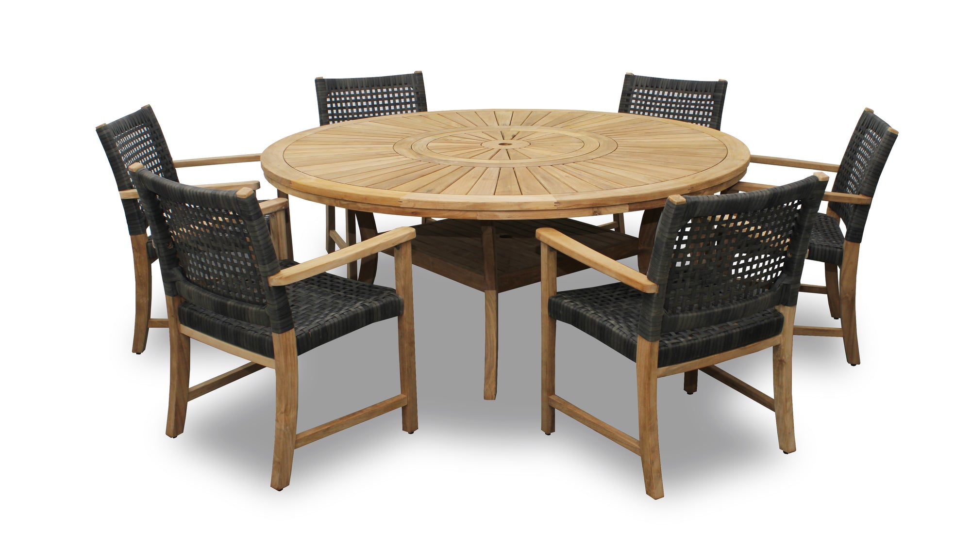 Komodo Teak 7pc Outdoor Dining Set (Teak 70&quot; Round Table w Built-in Lazy Susan with 6 Woven Sanur Armchairs)