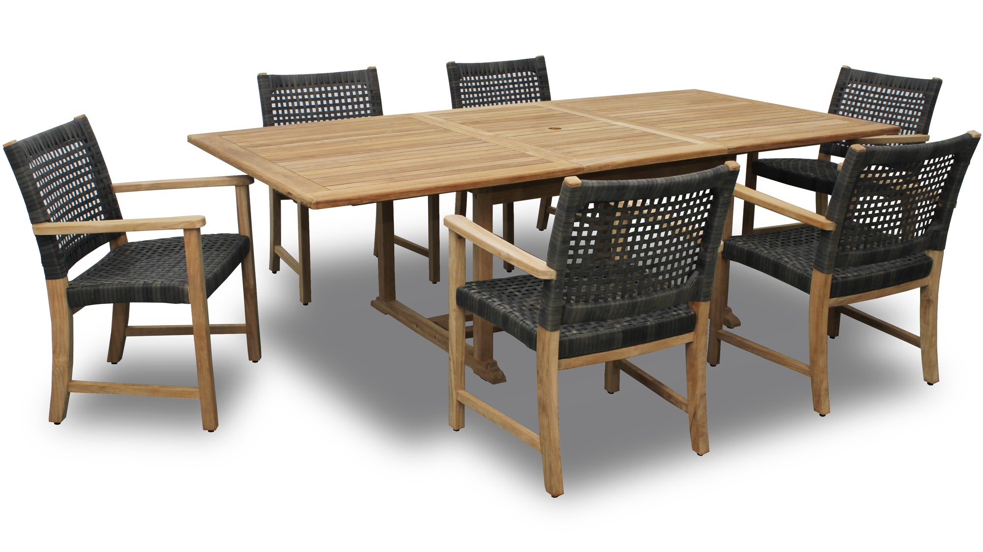Bali Teak 7pc Outdoor Dining Set (Teak Rectangular Extendable Table 70-94&quot; with 6 Woven Sanur Armchairs)
