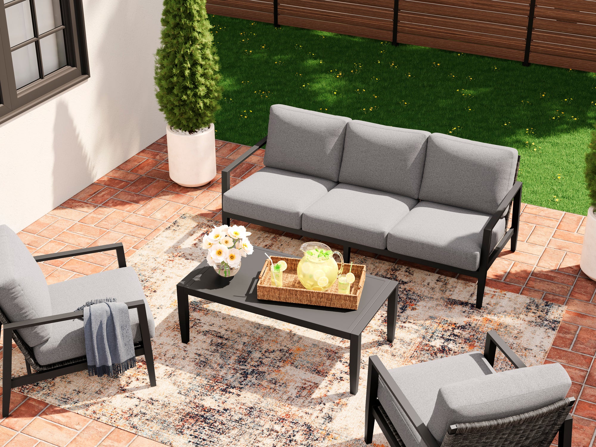 Black Woven 4-Pc Outdoor Seating Set (Sofa +2 Club Chairs +Coffee Table)