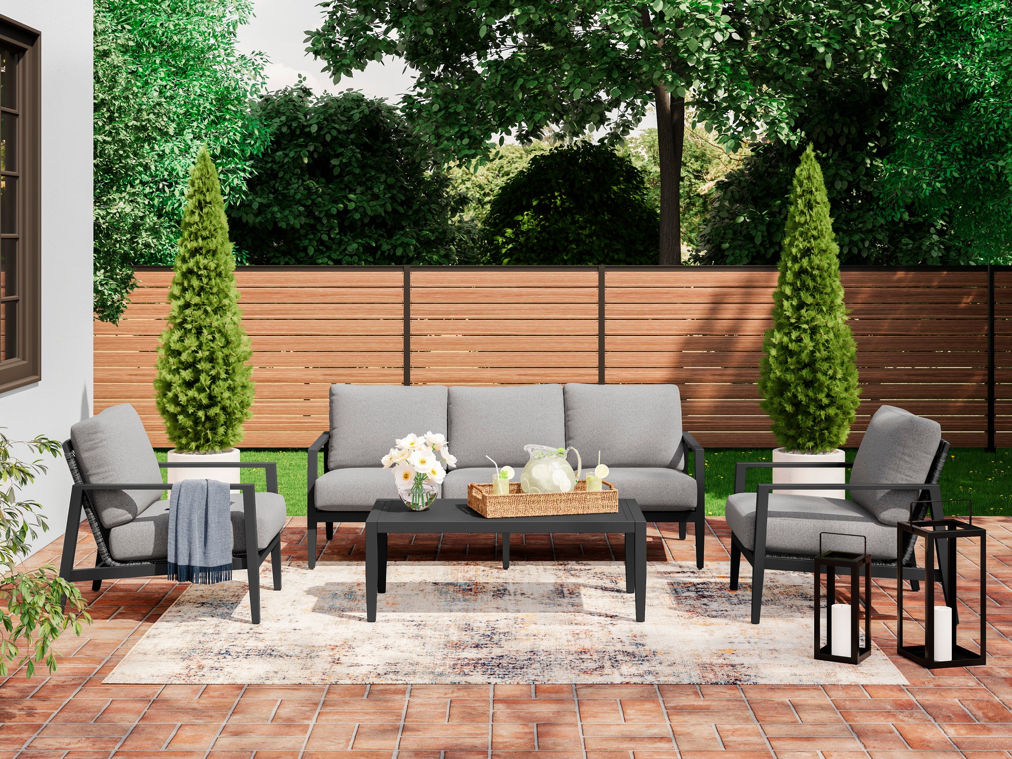 Black Woven 4-Pc Outdoor Seating Set (Sofa +2 Club Chairs +Coffee Table)
