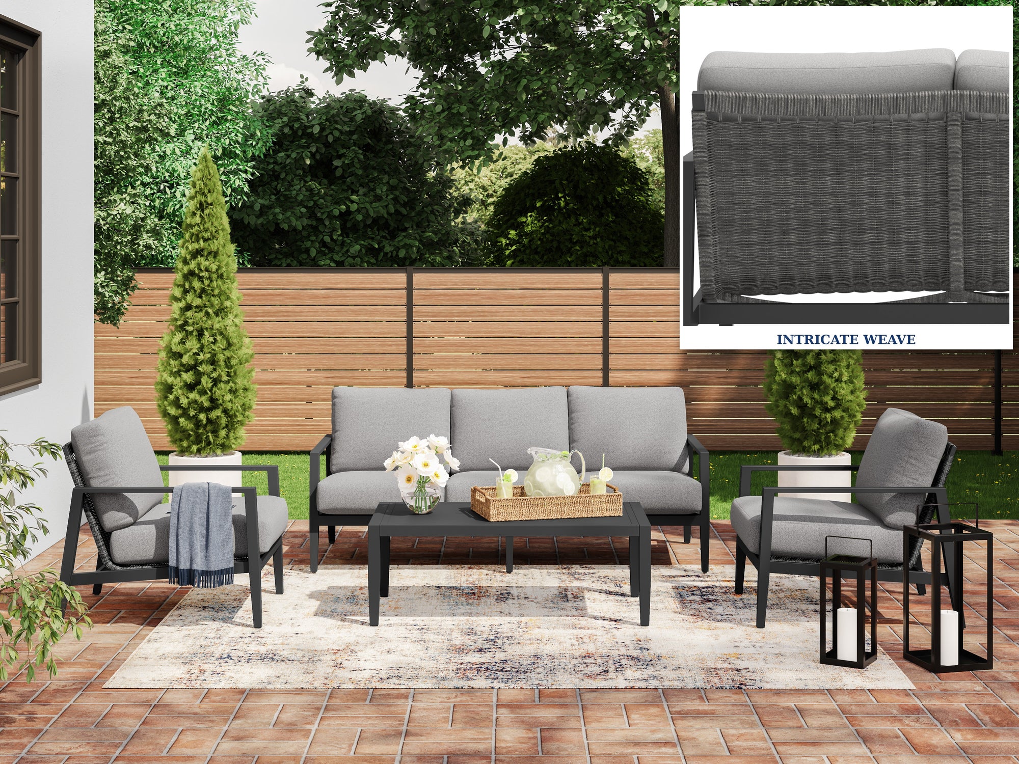 Black Woven 4-Pc Outdoor Seating Set (Sofa +2 Club Chairs +Coffee Table)