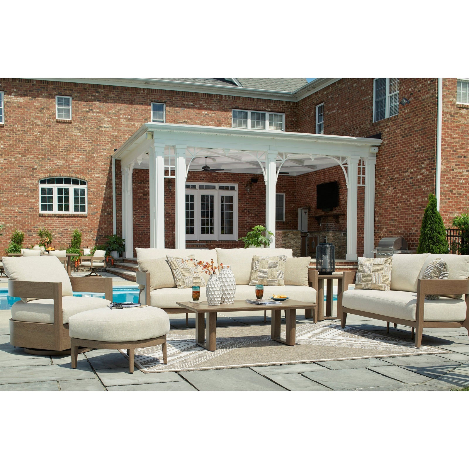 NEW Curve Outdoor 3-Pc Seating Set (2 Swivel Glider Club Chairs +End Table)