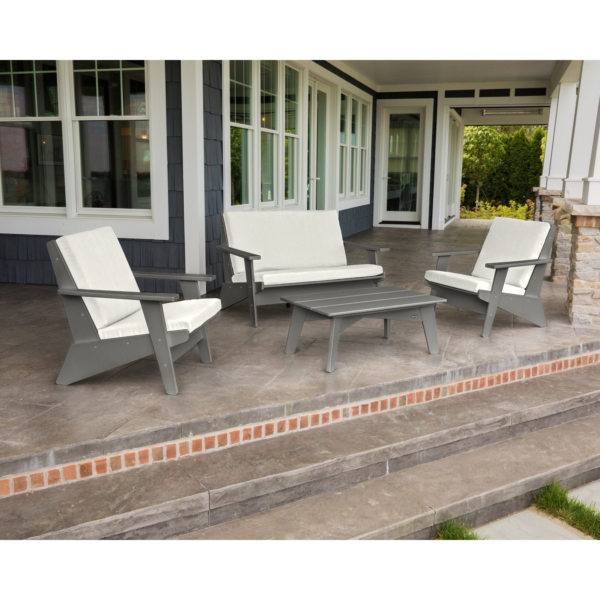 Polywood Rivera Outdoor 4pc Seating Set in White with Indigo Cushions
